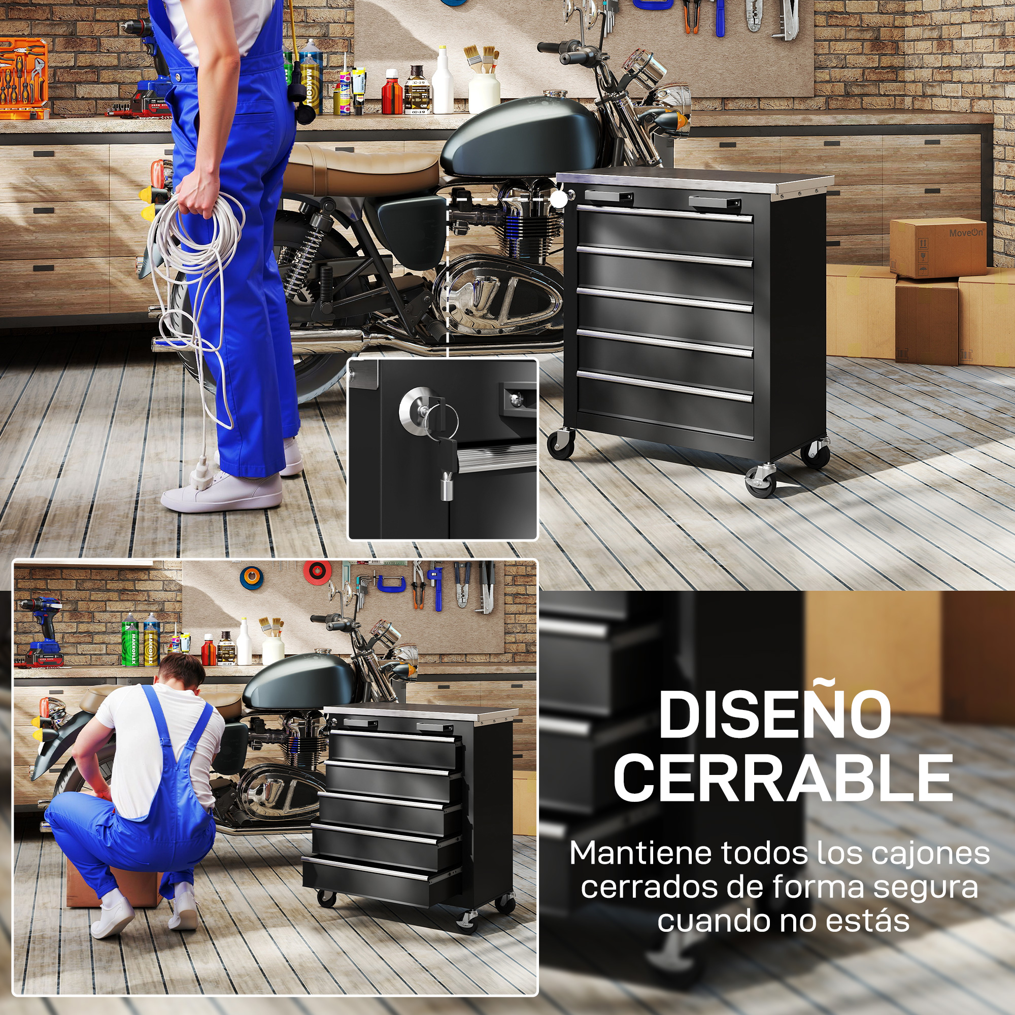 Taller con moto, armario de herramientas, hombre con mono y cajas.