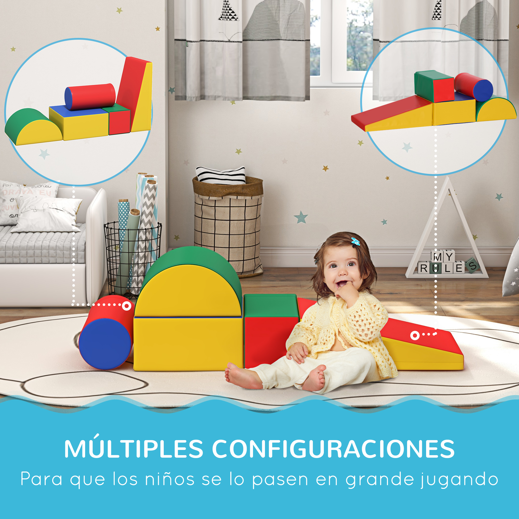 Bebé juega con bloques de espuma coloridos en una guardería. Se muestran múltiples configuraciones.