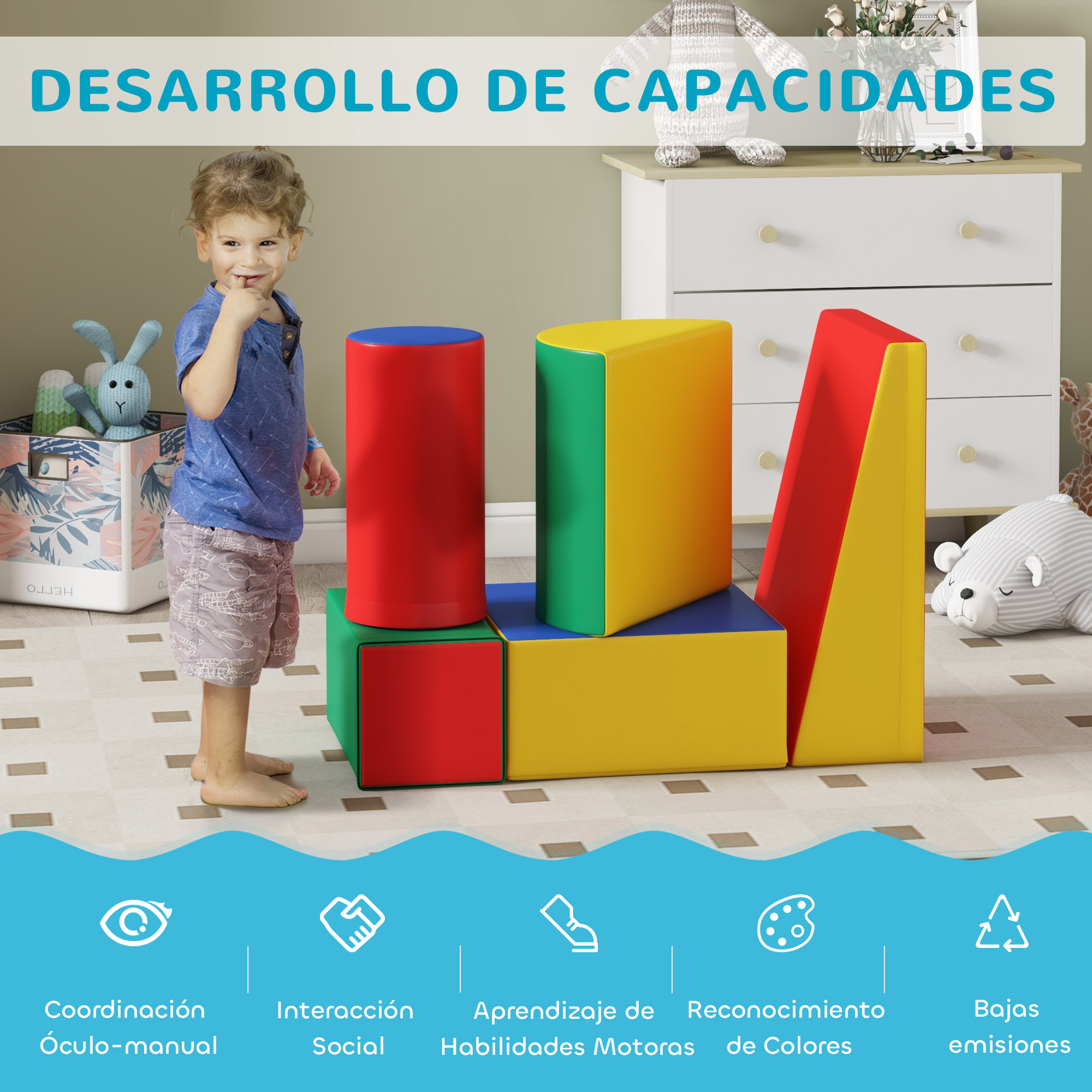 Un niño pequeño junto a bloques de espuma de colores. El texto dice 'Desarrollo de Habilidades'.