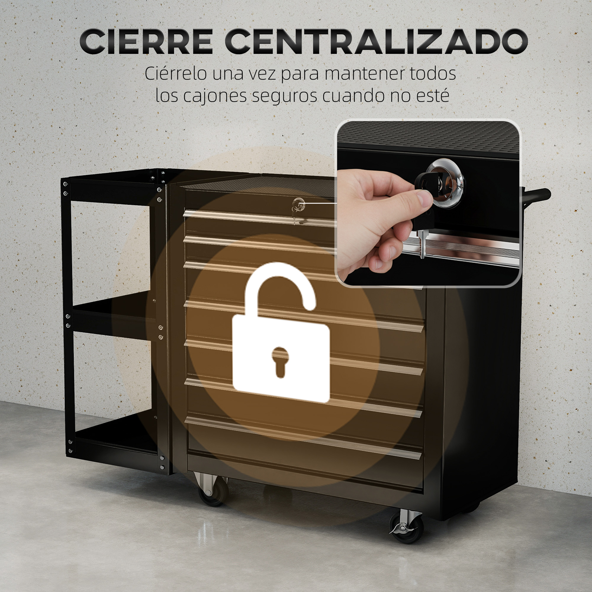 Un carrito de herramientas negro con cajones, una llave insertándose en la cerradura.
