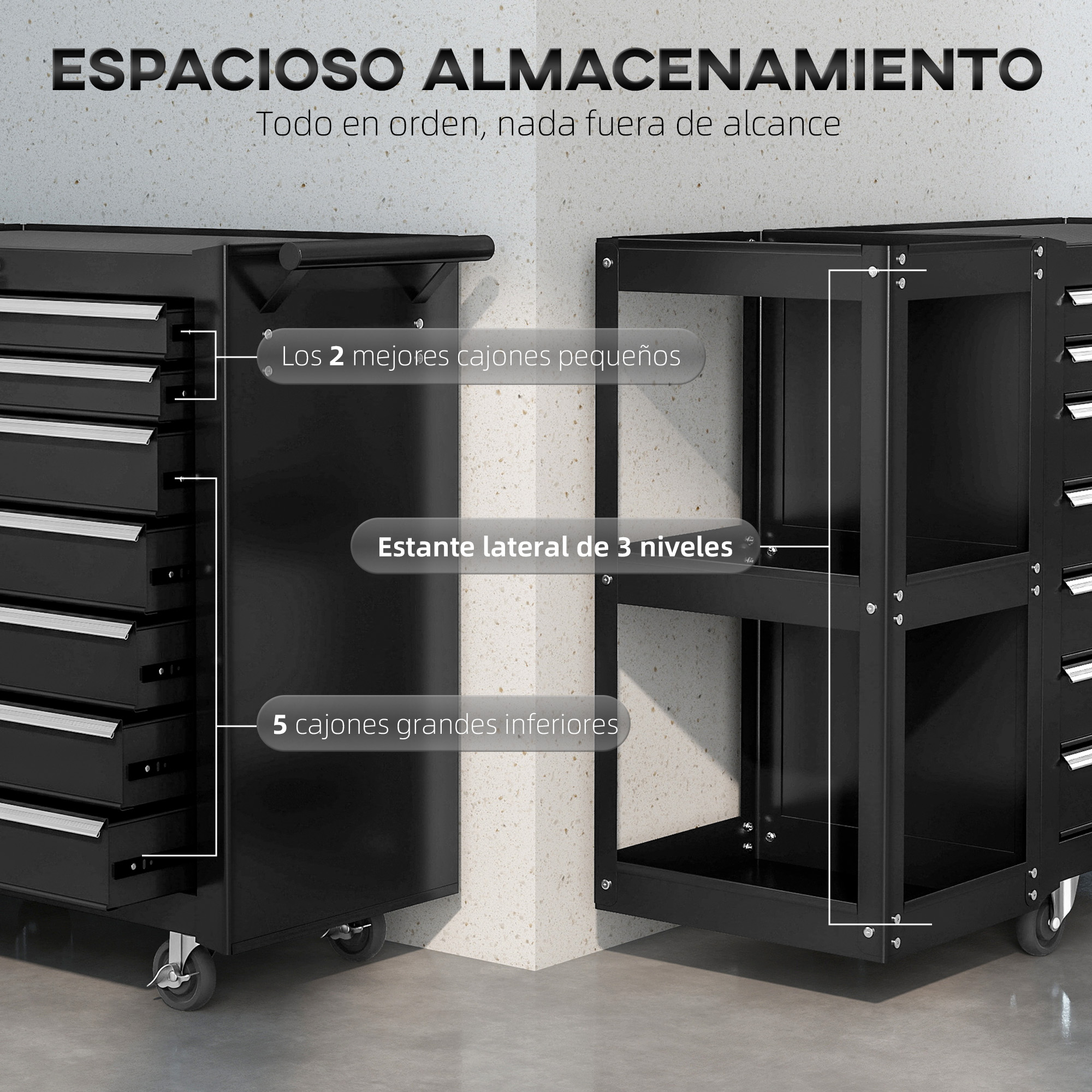 Armarios de herramientas negros con cajones y estantes, con ruedas.