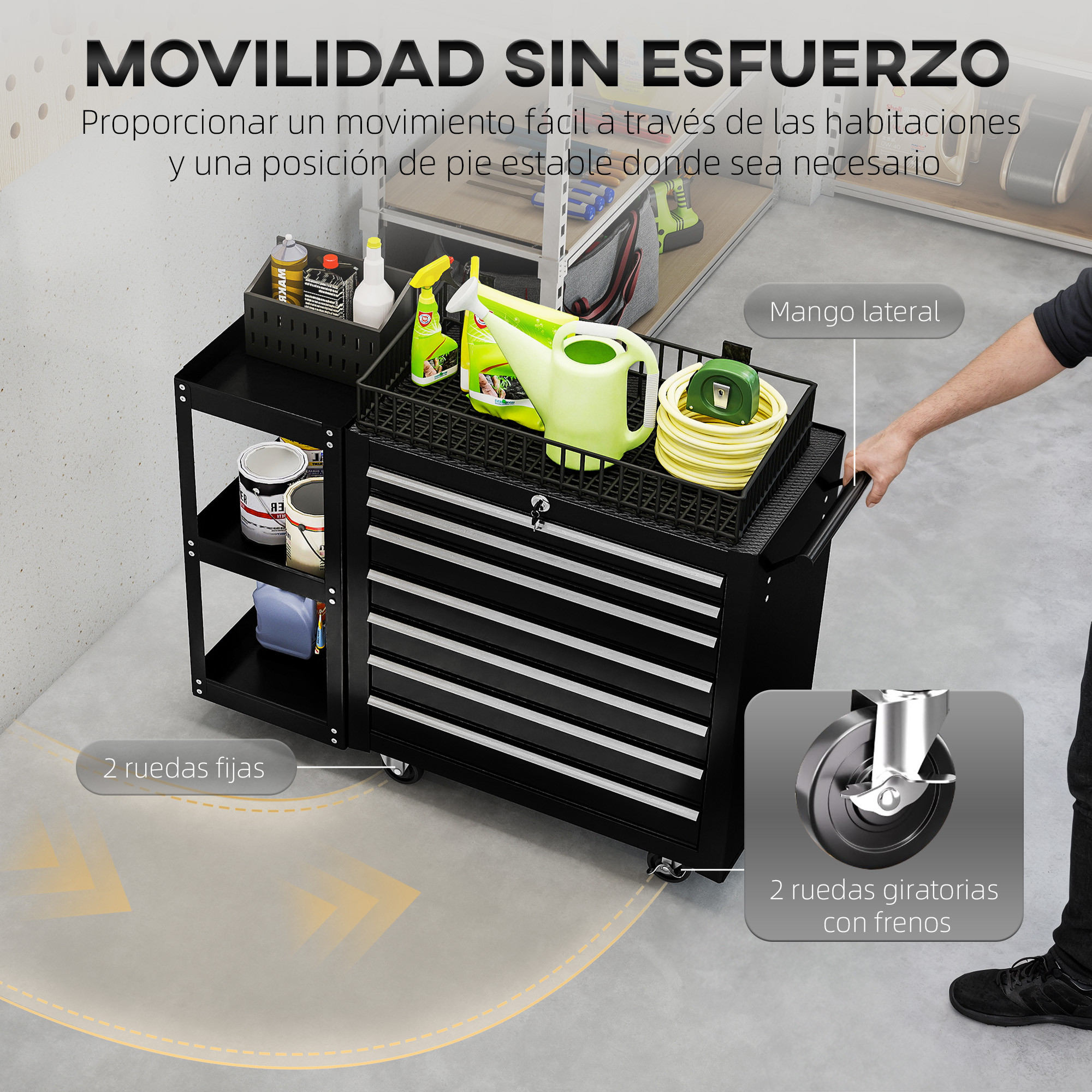 Carro de herramientas negro con cajones, recipientes, regadera y cinta métrica. Un hombre agarra el mango.