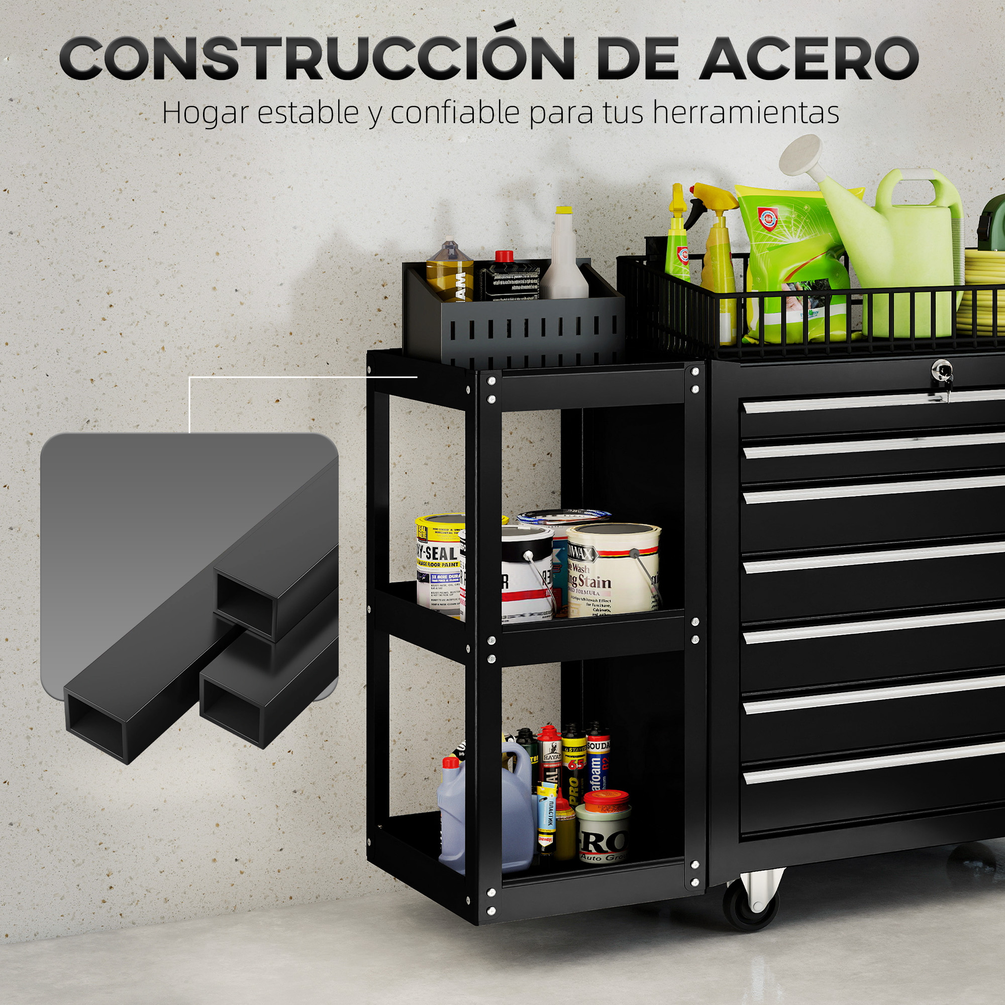 Carro de herramientas negro con estantes que contienen latas de pintura, sprays y botellas.