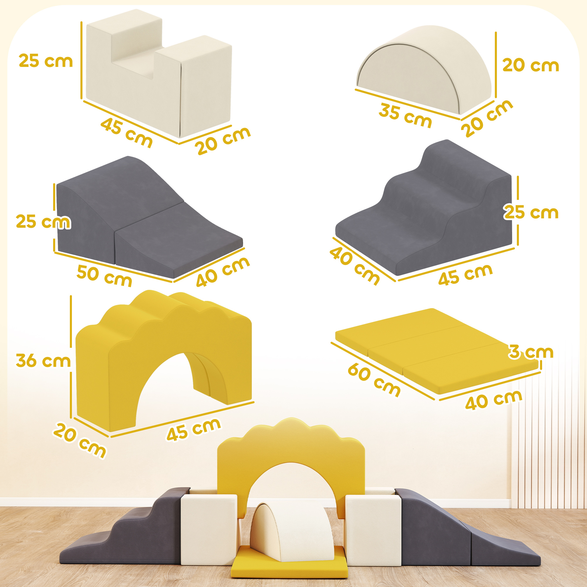 Piezas de juego blandas en beige, gris y amarillo con dimensiones.