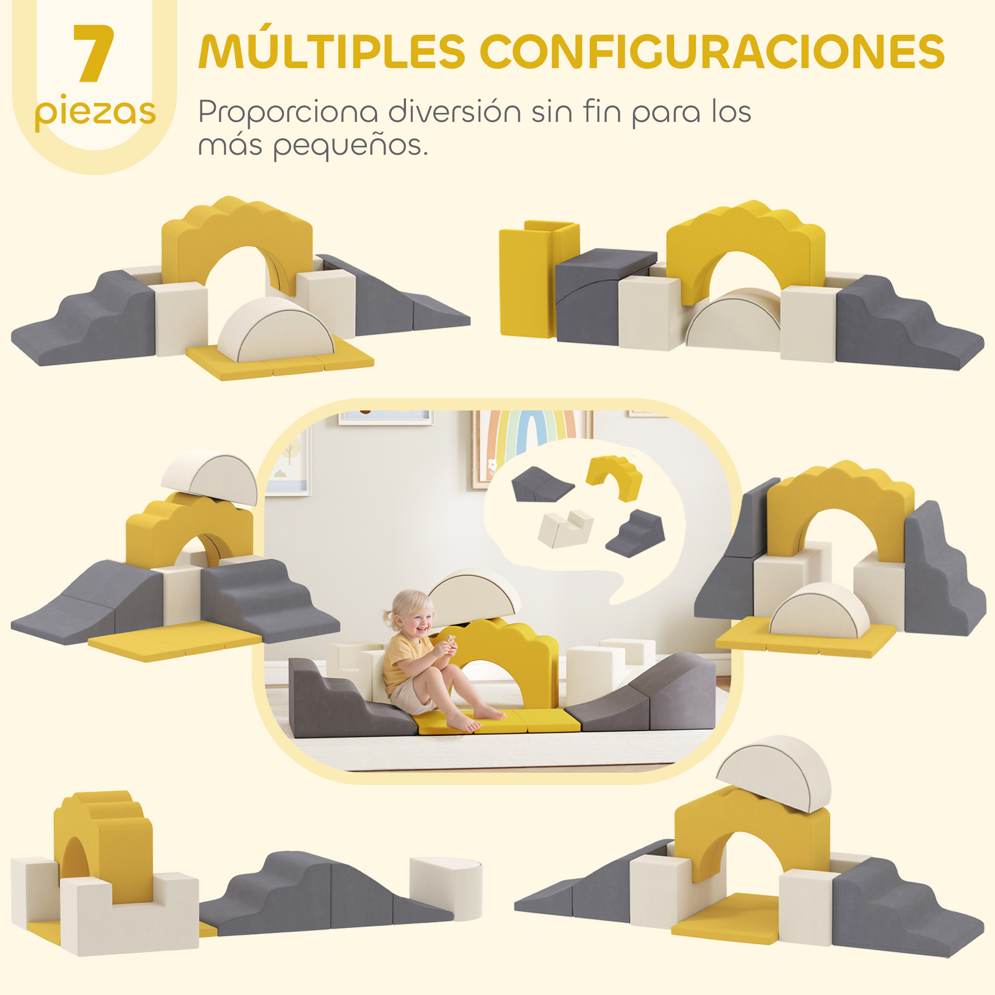 Bloques de construcción coloridos para niños en varias formaciones, un niño pequeño se sienta entre ellos.