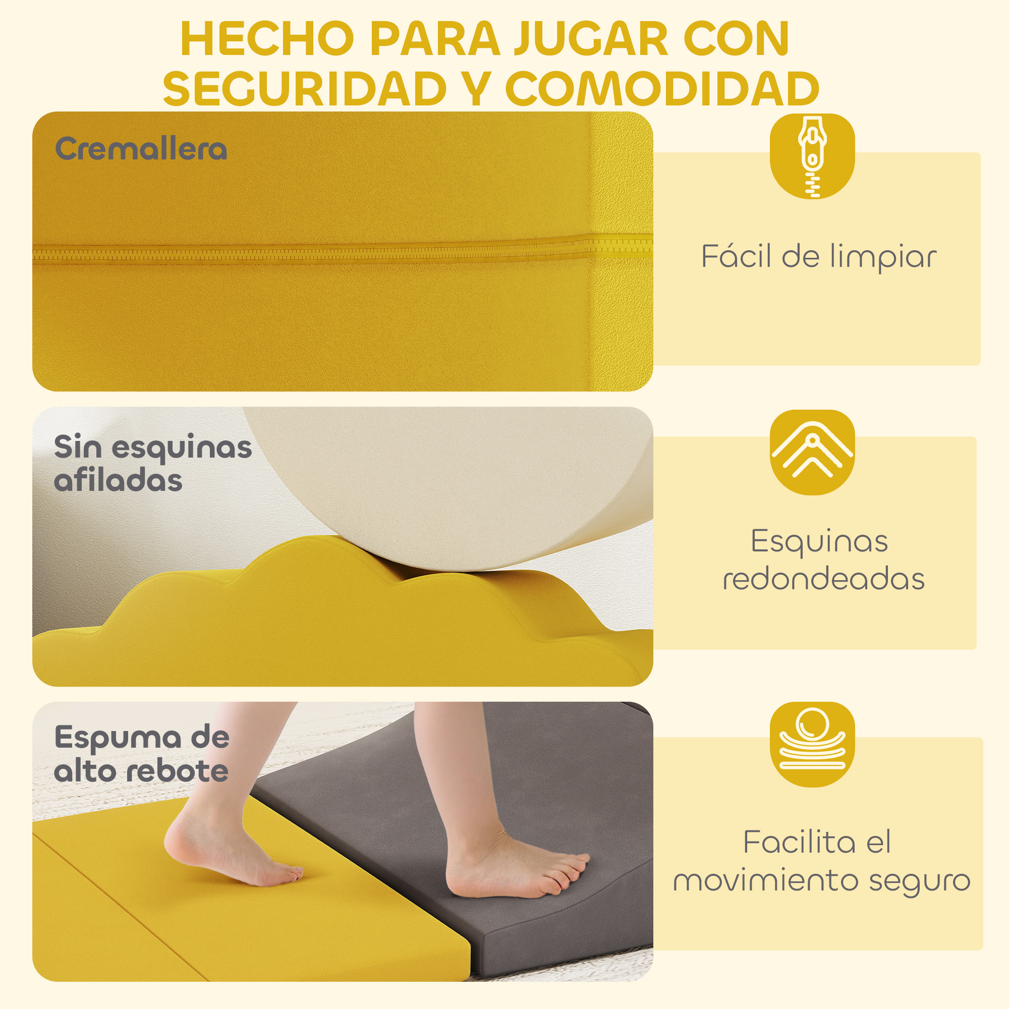 Almohadillas de espuma amarillas y crema con cremallera, esquinas redondeadas y pies de niño.