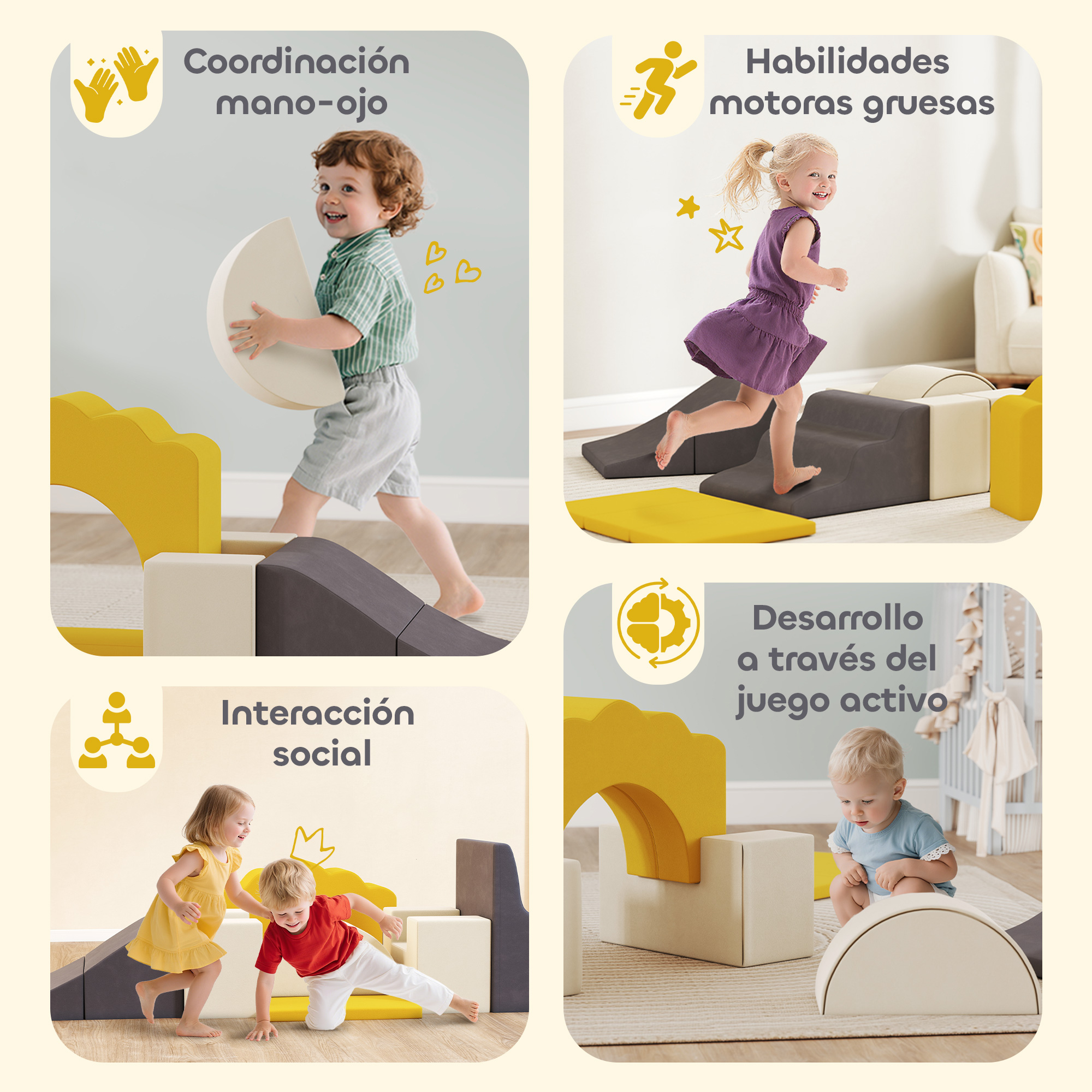 Cuatro escenas de niños jugando con bloques de espuma coloridos, mostrando diferentes habilidades de desarrollo.
