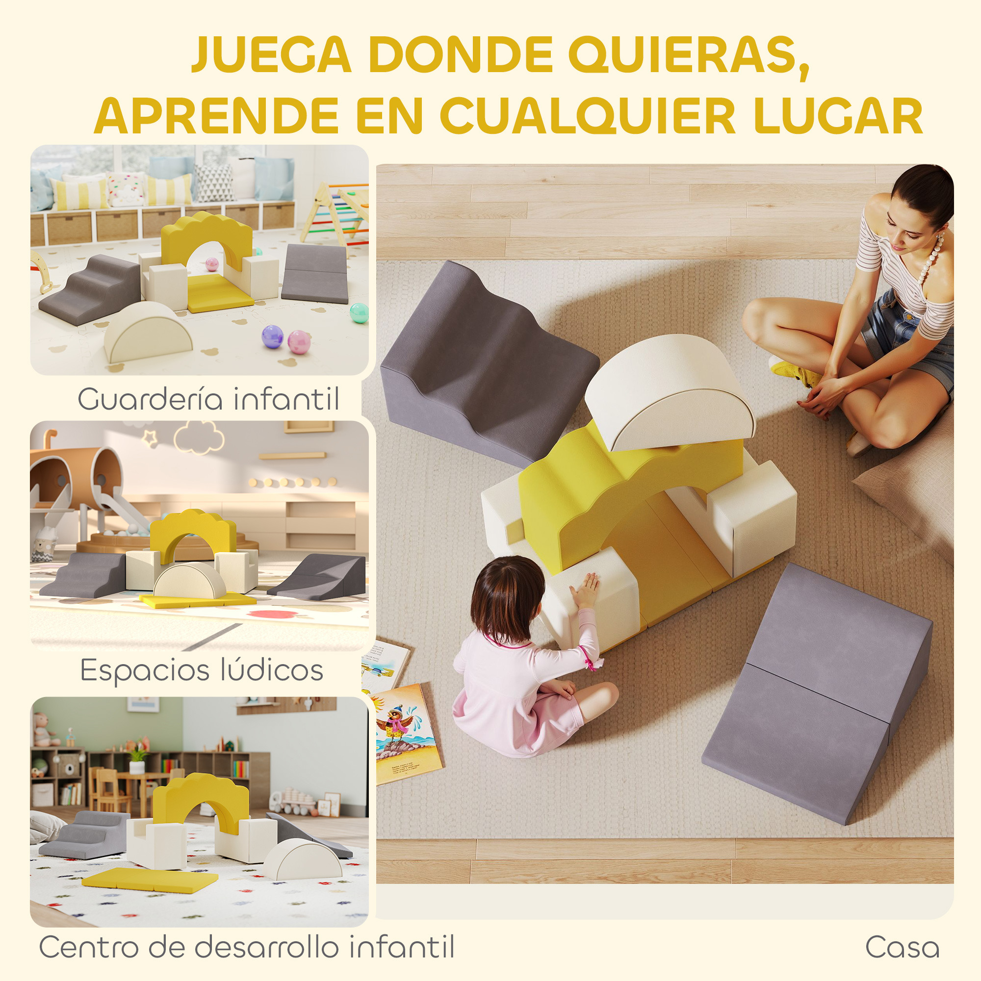 Niños construyen con bloques de juguete blandos. Una mujer se sienta cerca.