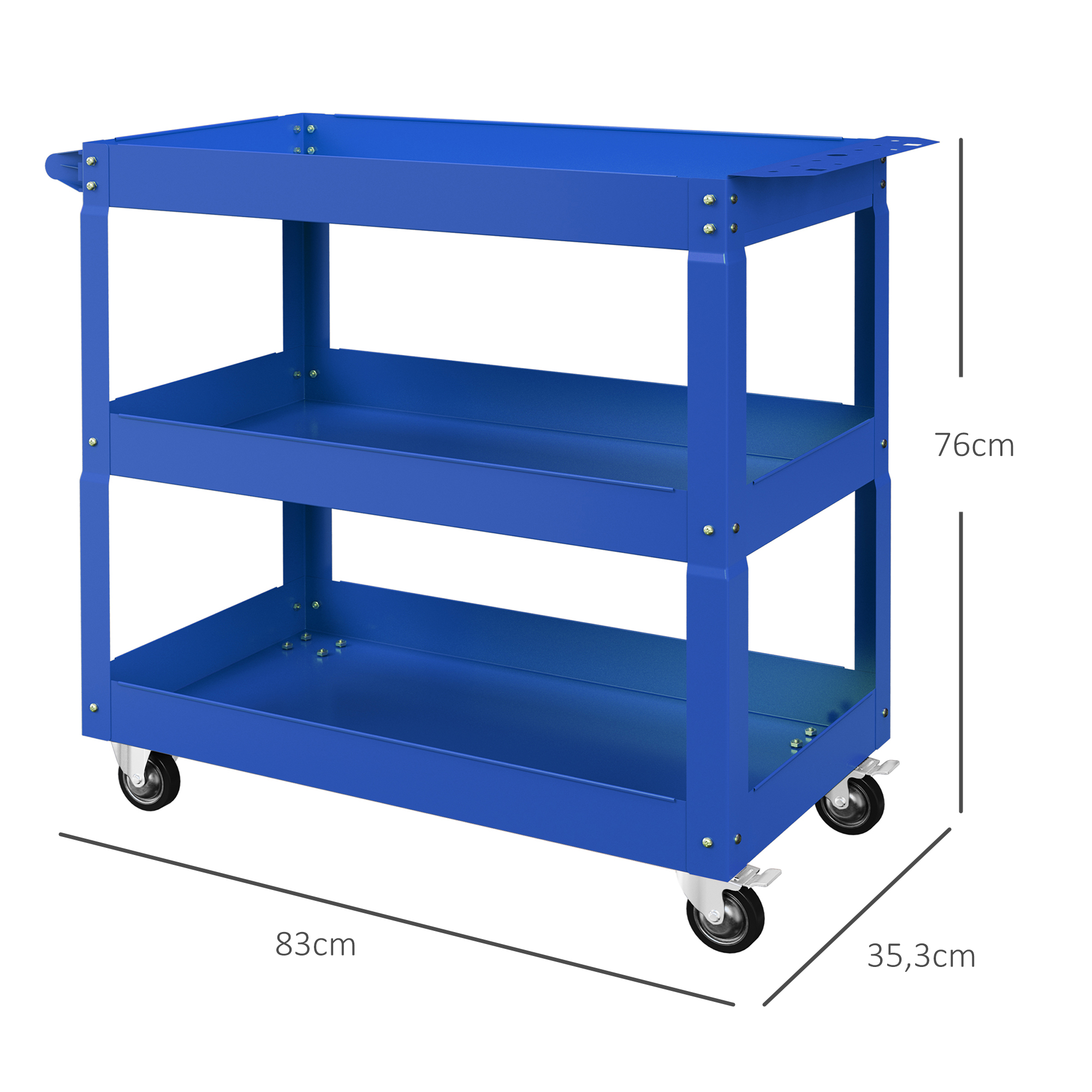 Carro azul de tres niveles con ruedas. Dimensiones: 83x35,3x76cm.