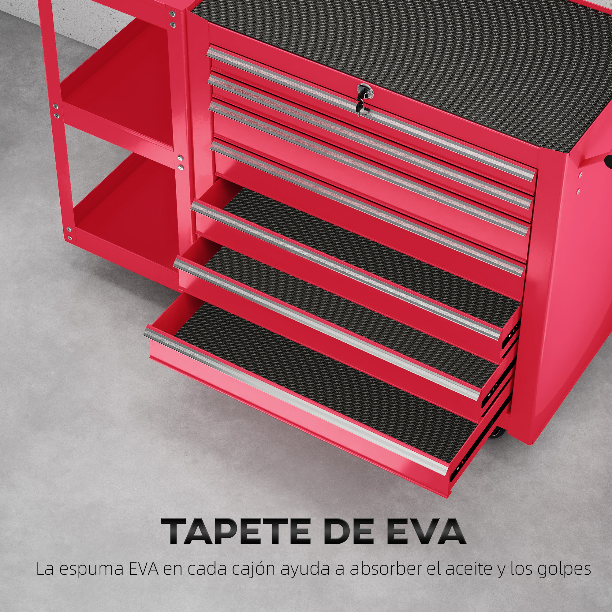 Caja de herramientas roja con cajones, uno abierto. Espuma EVA.