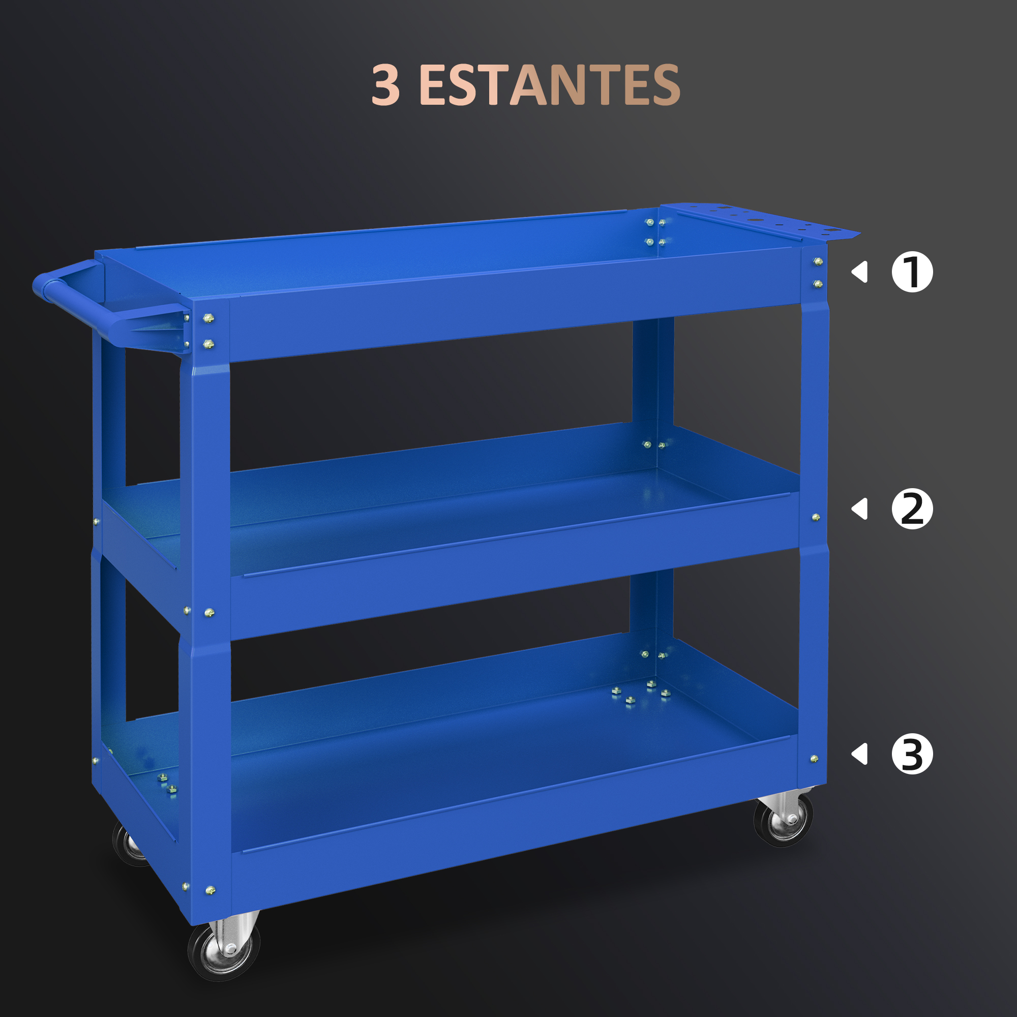 Carro azul de tres niveles con ruedas y asa.