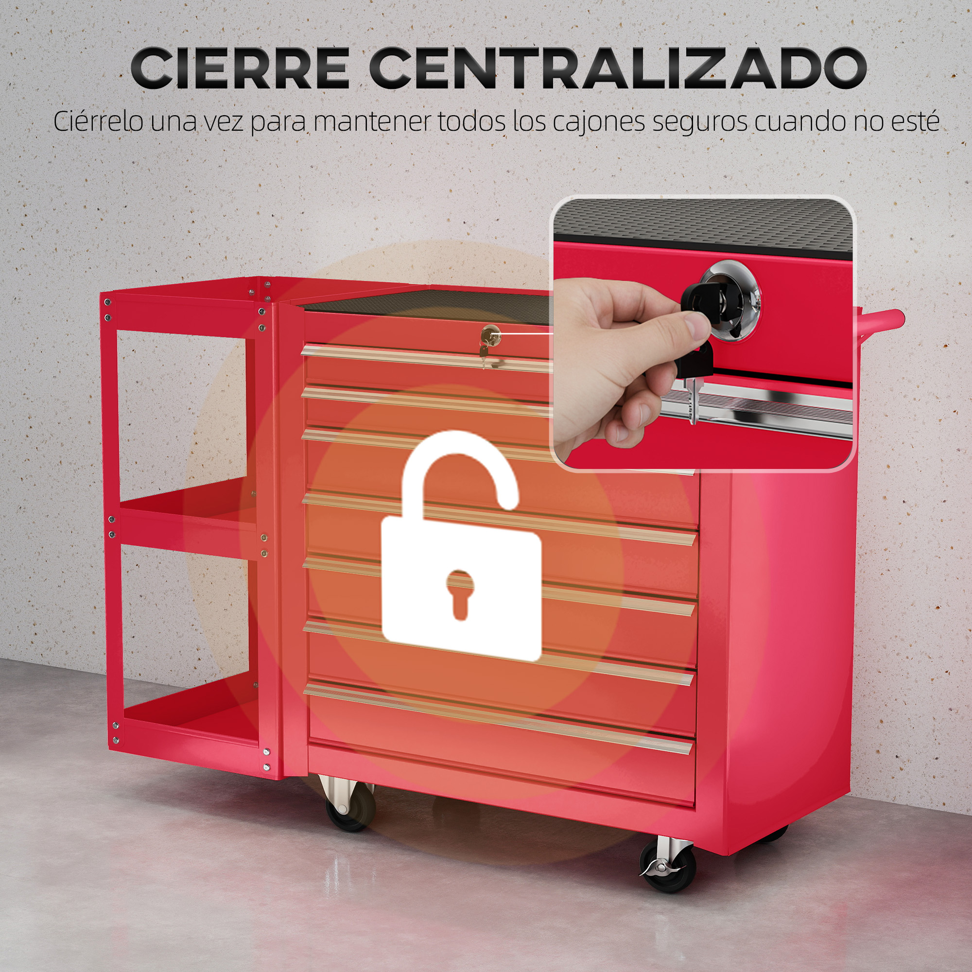 Cofre de herramientas rojo con cajones, se inserta una llave en la cerradura.