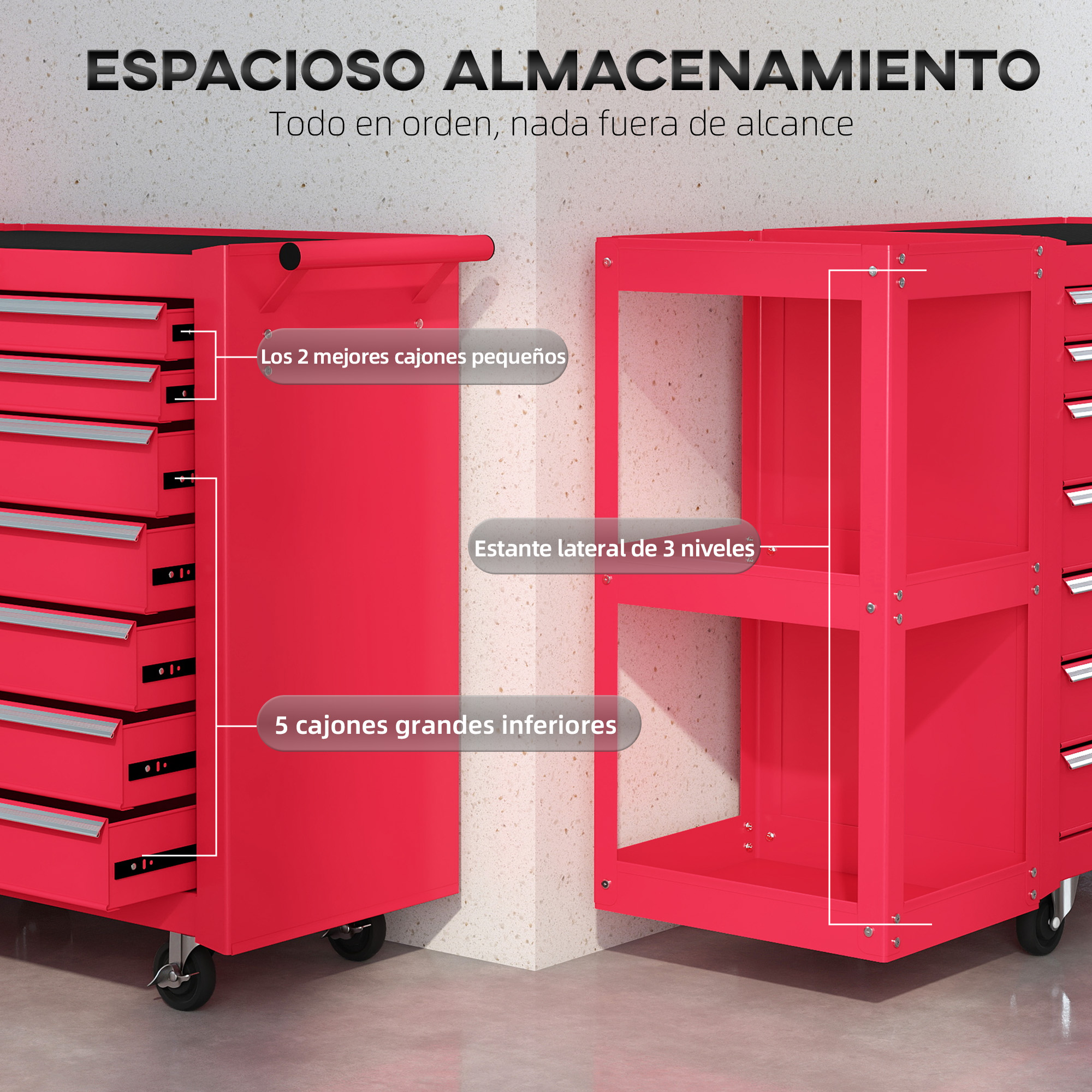 Armarios rojos para herramientas con cajones y estantes, con ruedas.