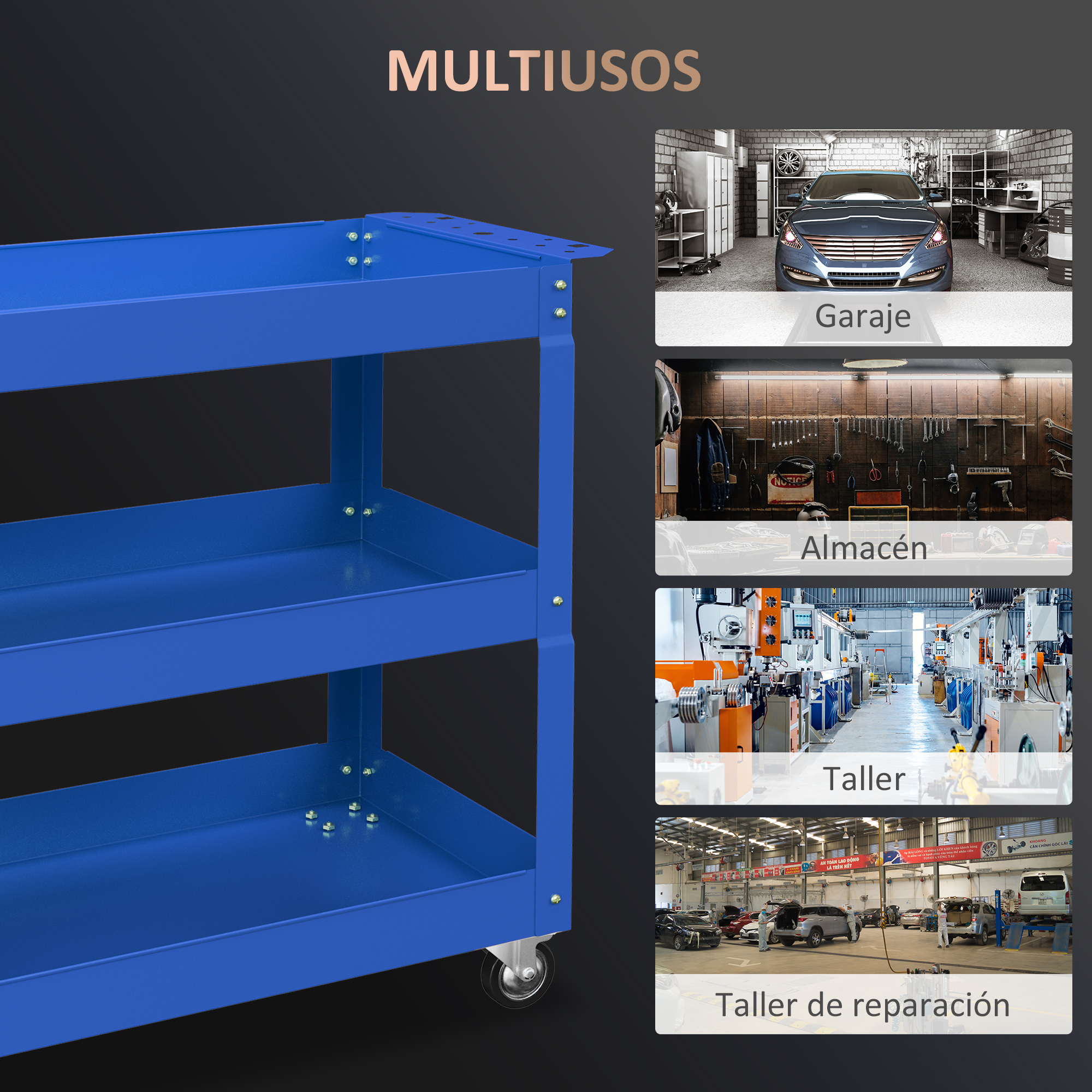 Carro azul de herramientas de cuatro niveles junto a imágenes de talleres.