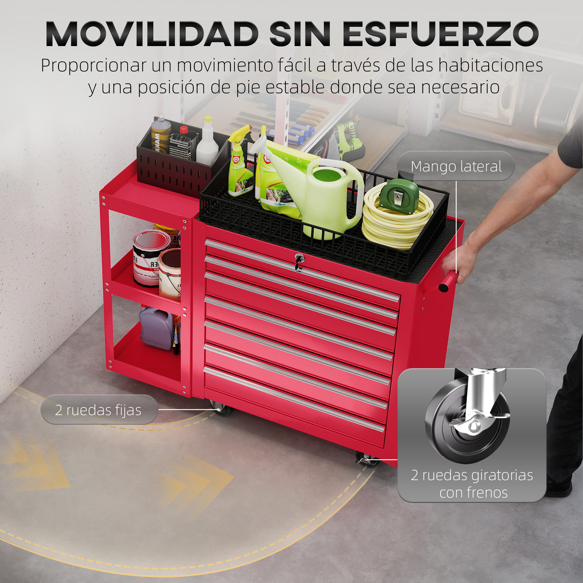 Un carrito de herramientas rojo con cajones, botellas y herramientas. Ruedas visibles.