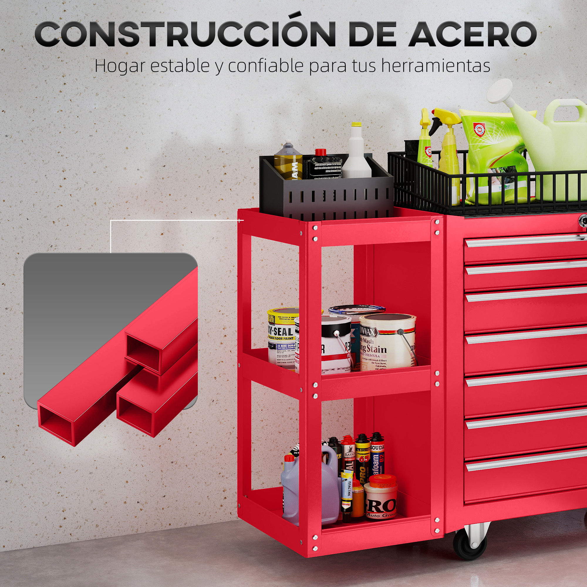 Carro de herramientas rojo con cajones y estantes, lleno de pinturas y productos de limpieza.