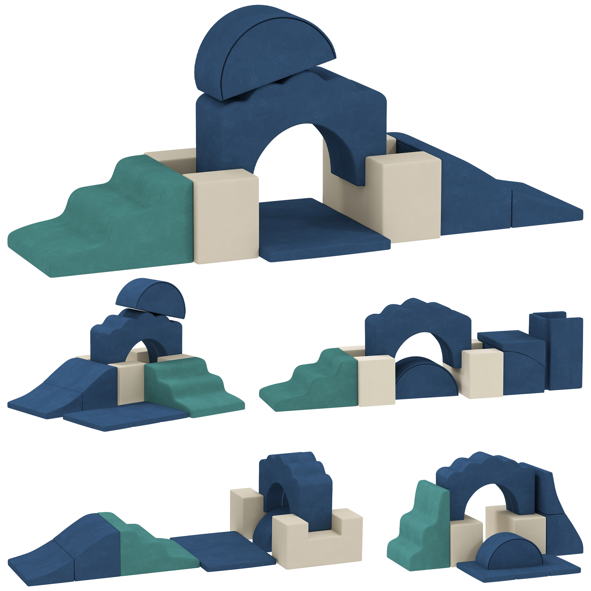 Blocchi di schiuma colorati in blu, verde e beige formano varie strutture da gioco.