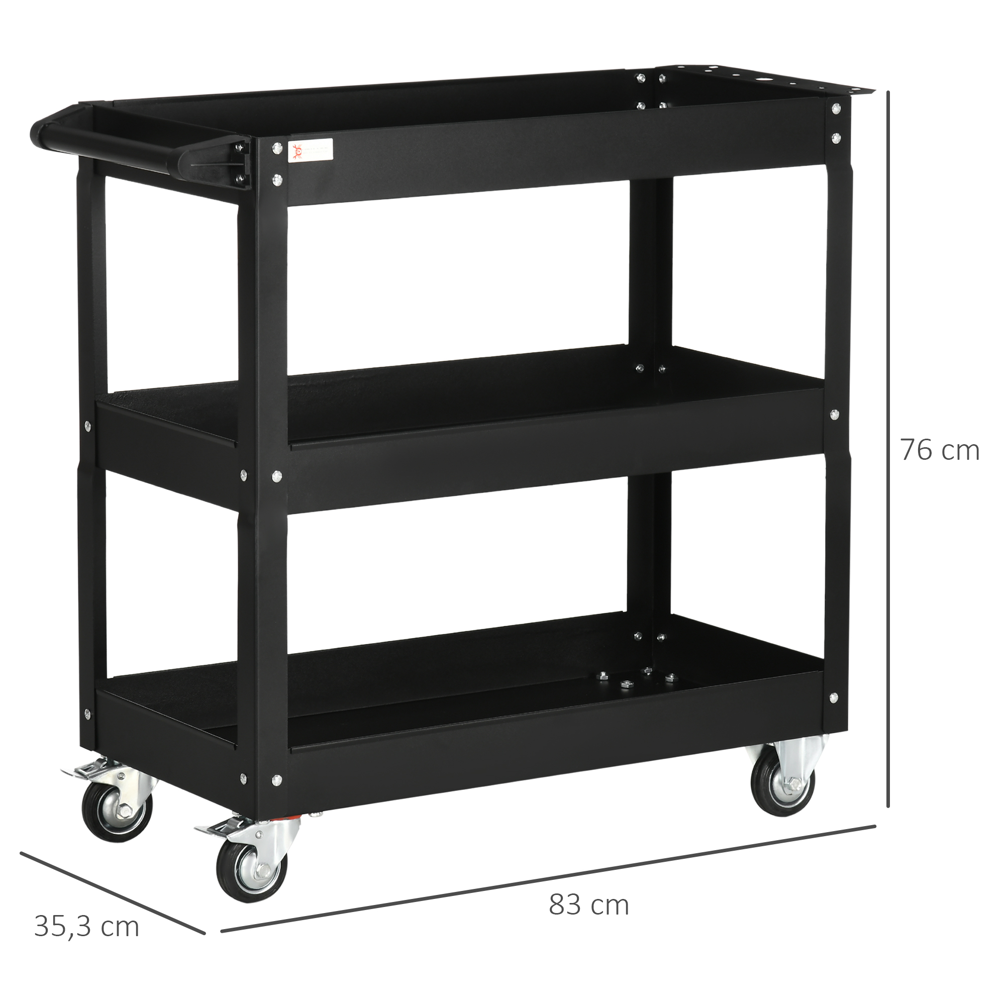 Carro de herramientas negro de tres niveles con ruedas y asa. Dimensiones: 83x35,3x76cm.