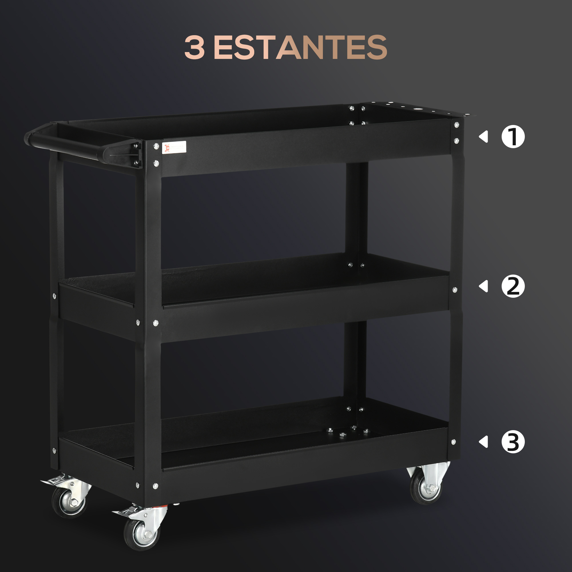 Un carrito negro de tres niveles con ruedas y mango. Etiquetado '3 ESTANTES'.