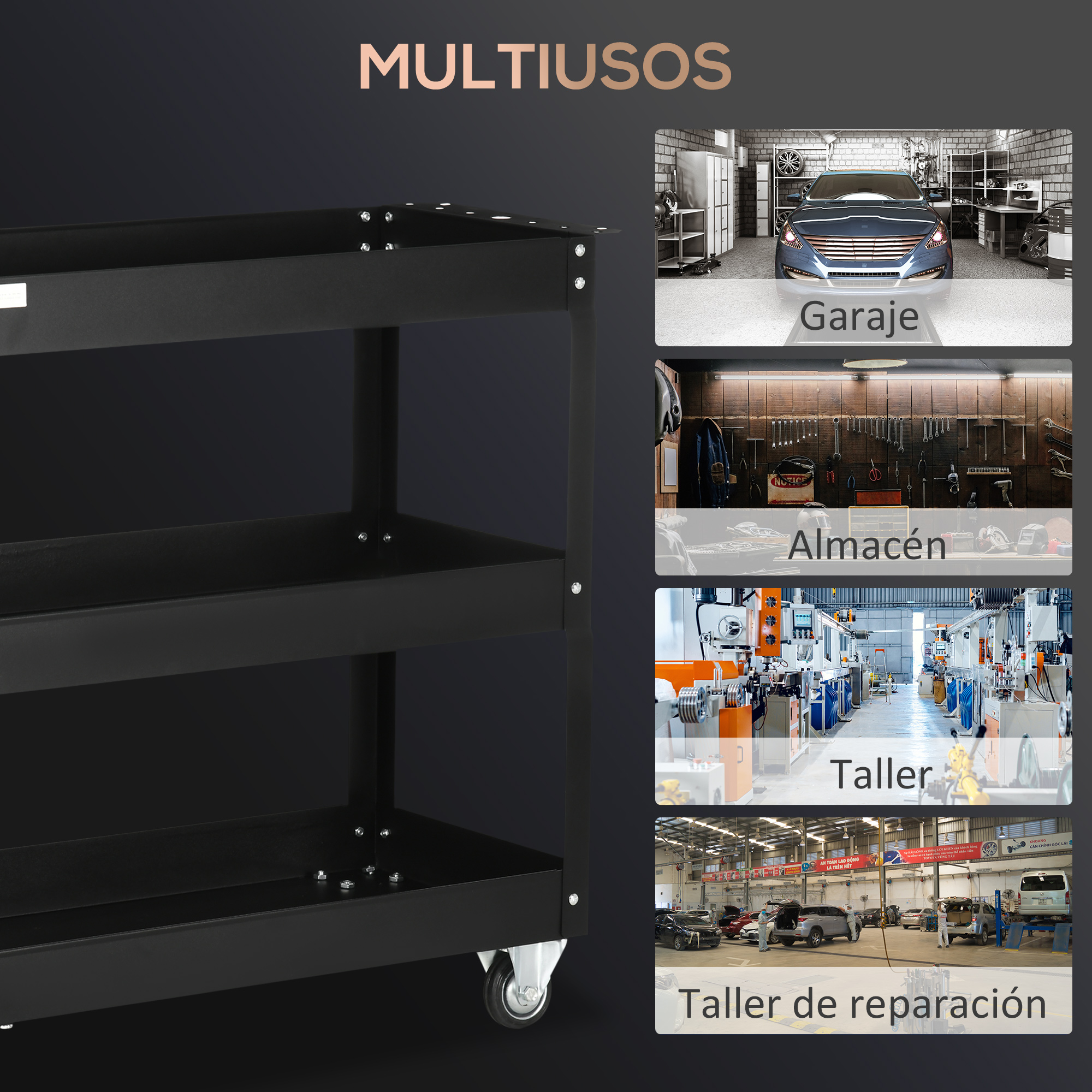 Un carrito negro de tres niveles para uso múltiple en garaje, almacén, taller y reparación.