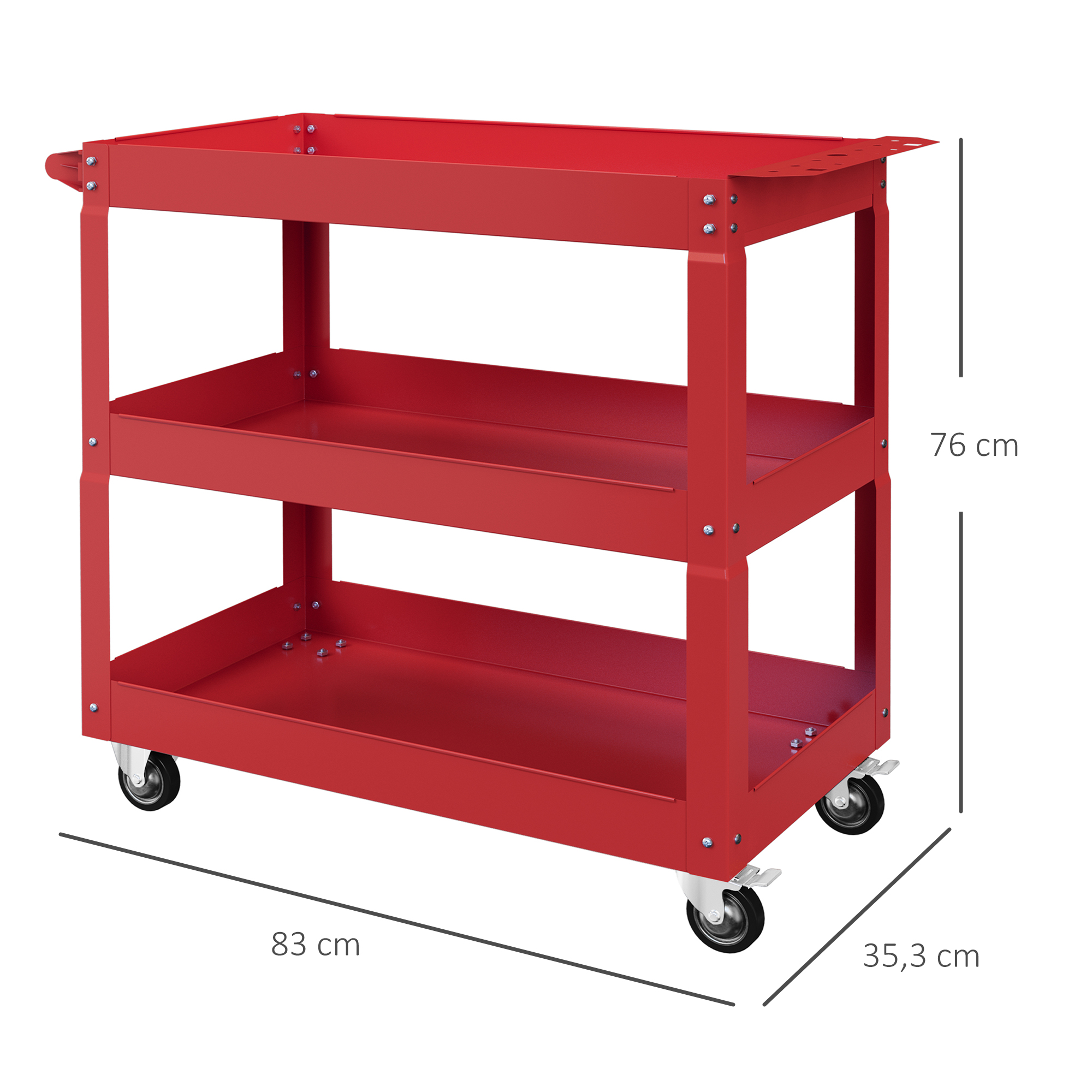 Carro de herramientas rojo de tres niveles con ruedas. Dimensiones: 83x35,3x76 cm.
