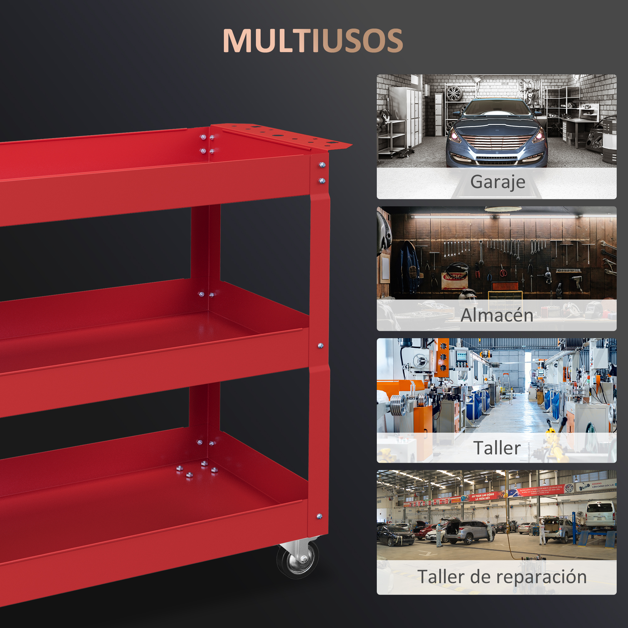 Carro de herramientas rojo con imágenes de garaje, almacén, fábrica y taller.