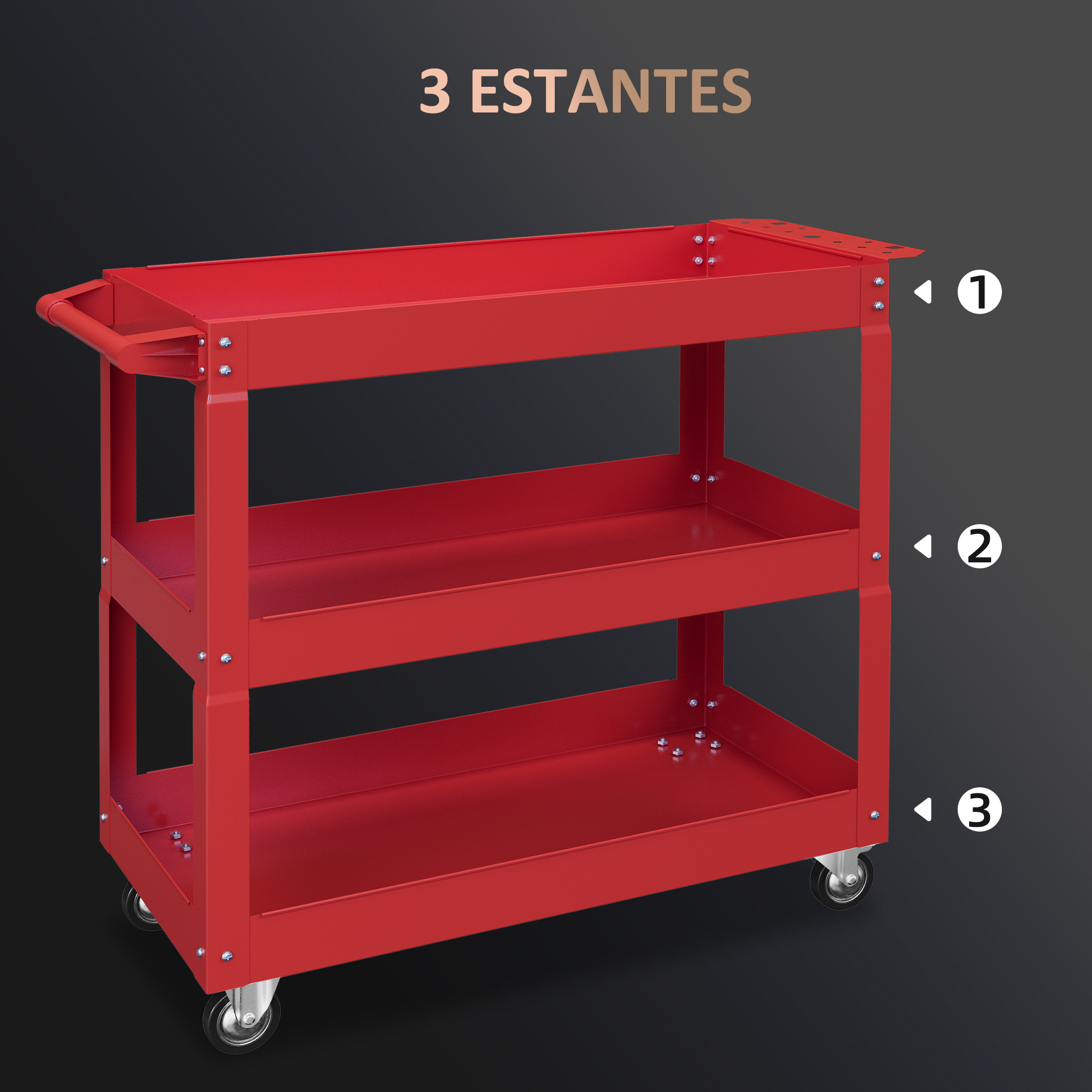Un carrito de herramientas rojo de tres niveles con ruedas.