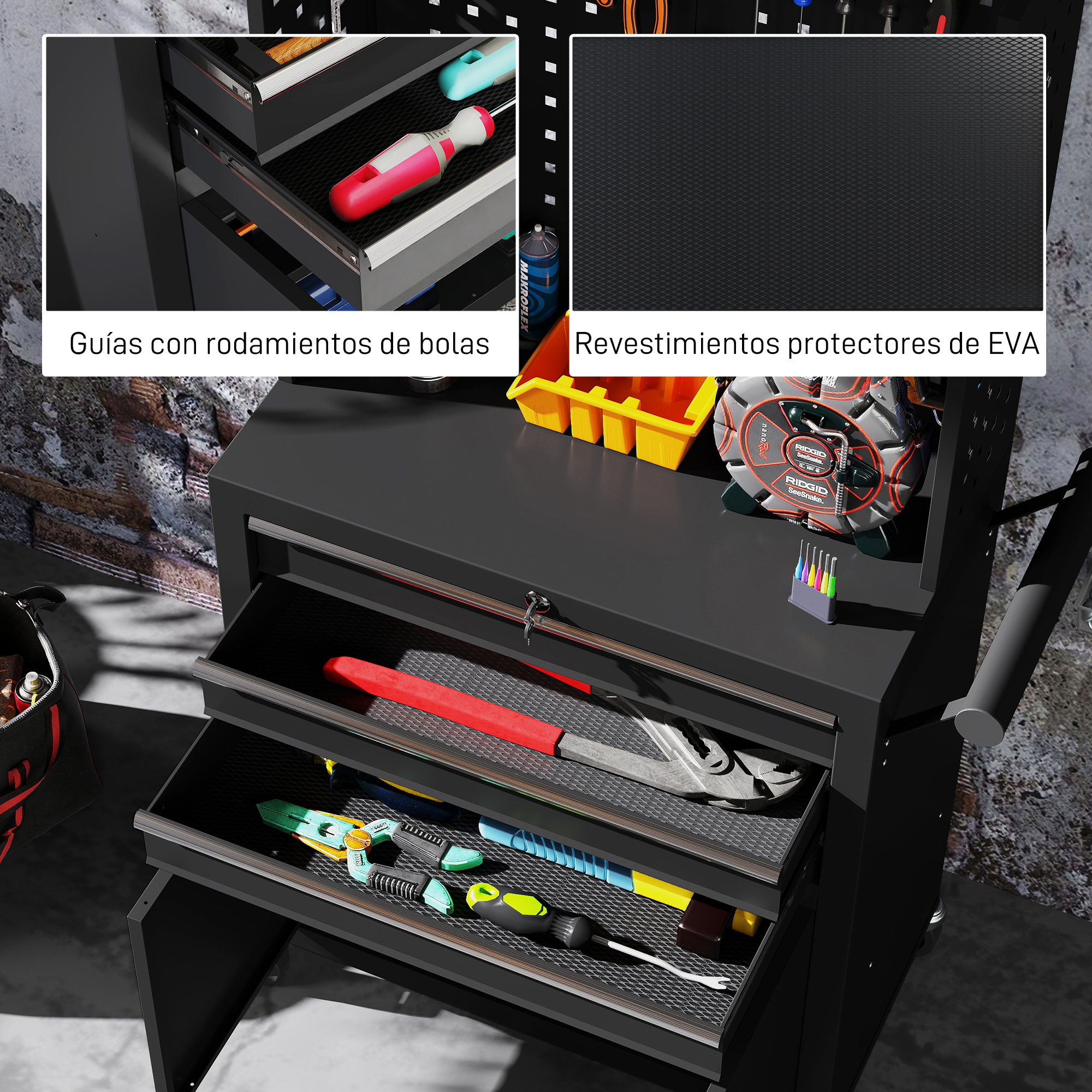 Armario de herramientas con cajones abiertos mostrando herramientas y accesorios.
