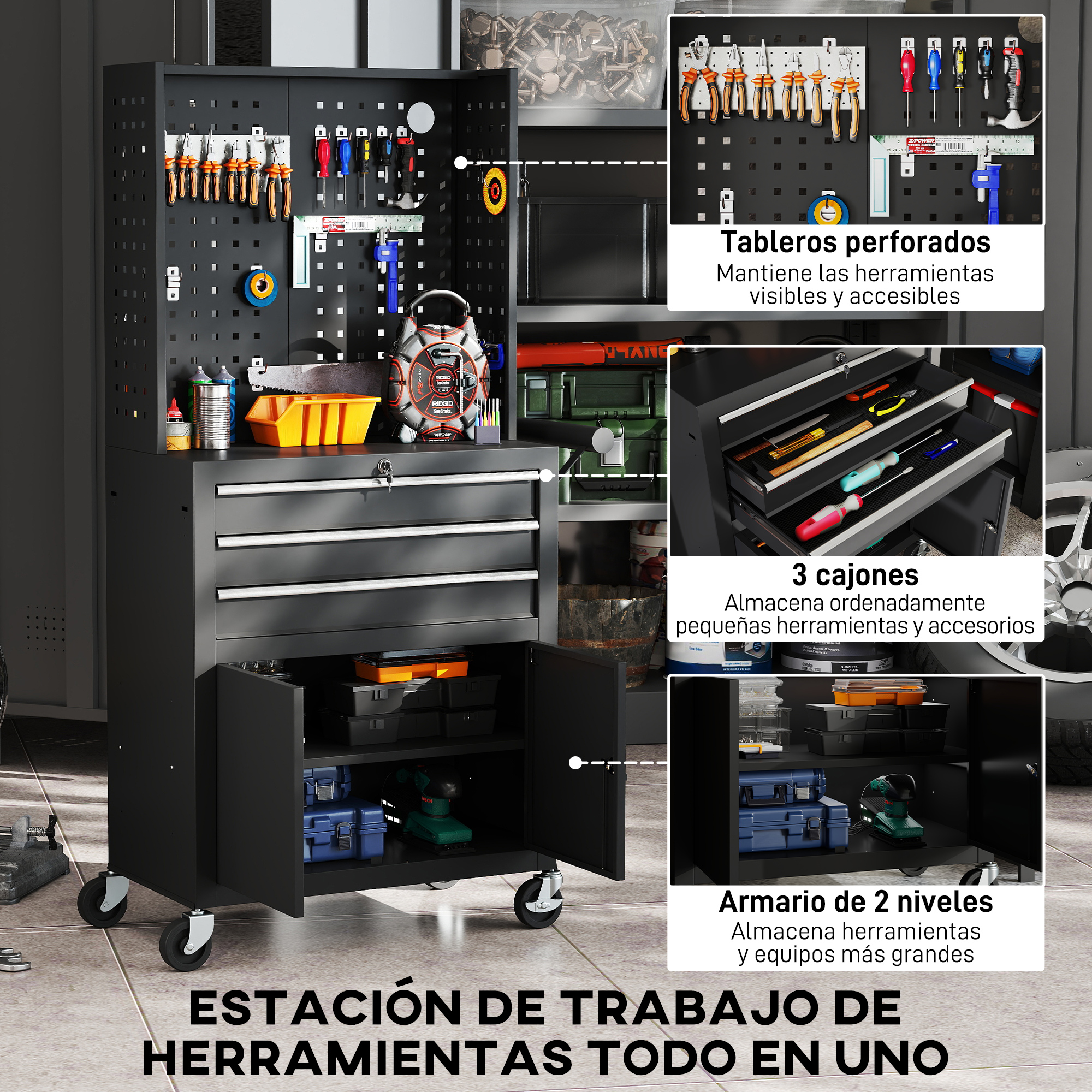 Armario de herramientas con panel perforado, cajones y armario inferior con ruedas.