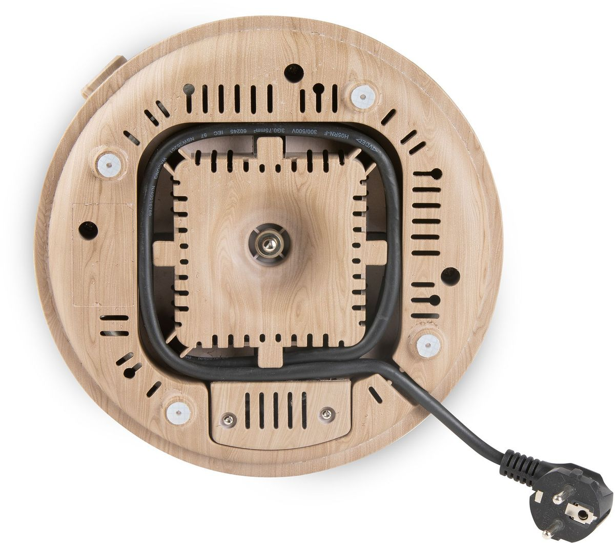 Die Unterseite eines Holzimitat-Geräts mit Kabel und Stecker.