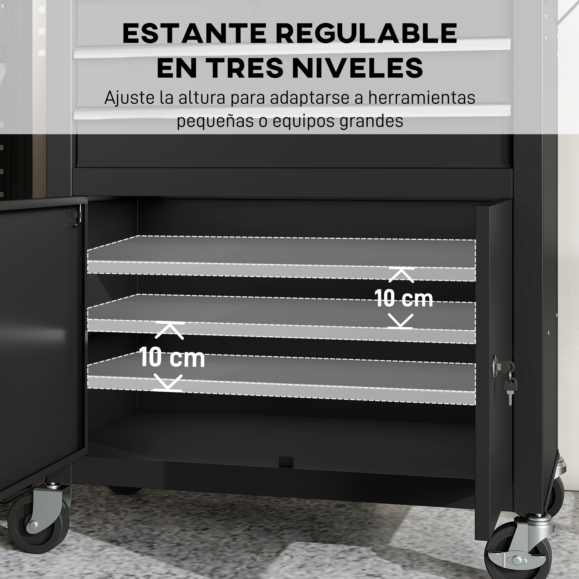 Armario negro con tres estantes ajustables, se muestra espaciado de 10 cm.