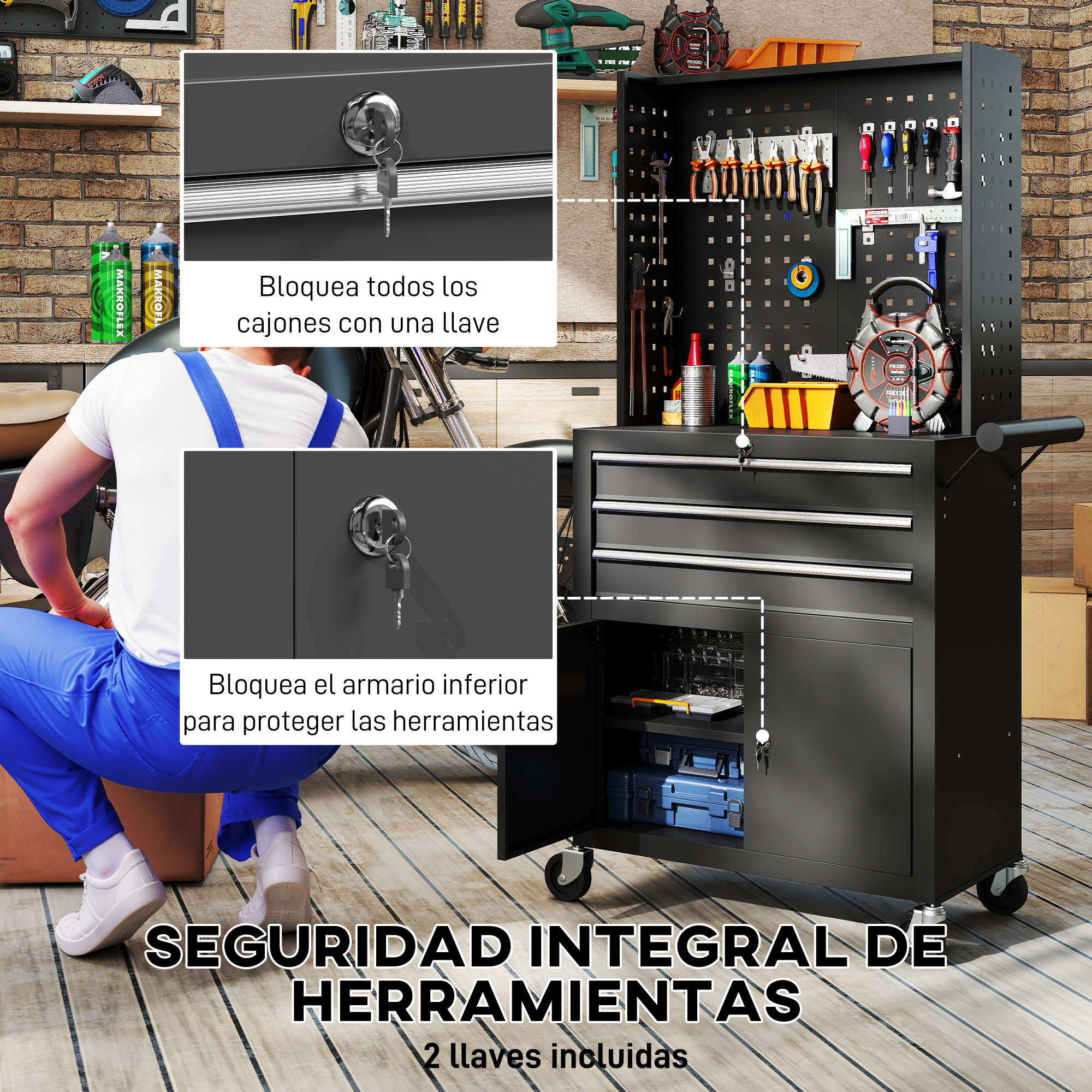 Armario de herramientas con cajones y herramientas, vista frontal con llaves.