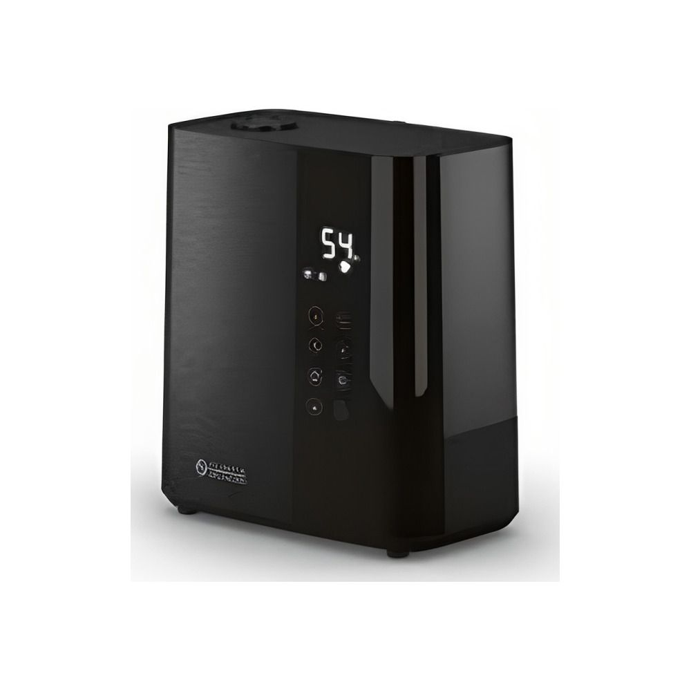 Un umidificatore nero con display digitale che mostra 54. Ha pulsanti.