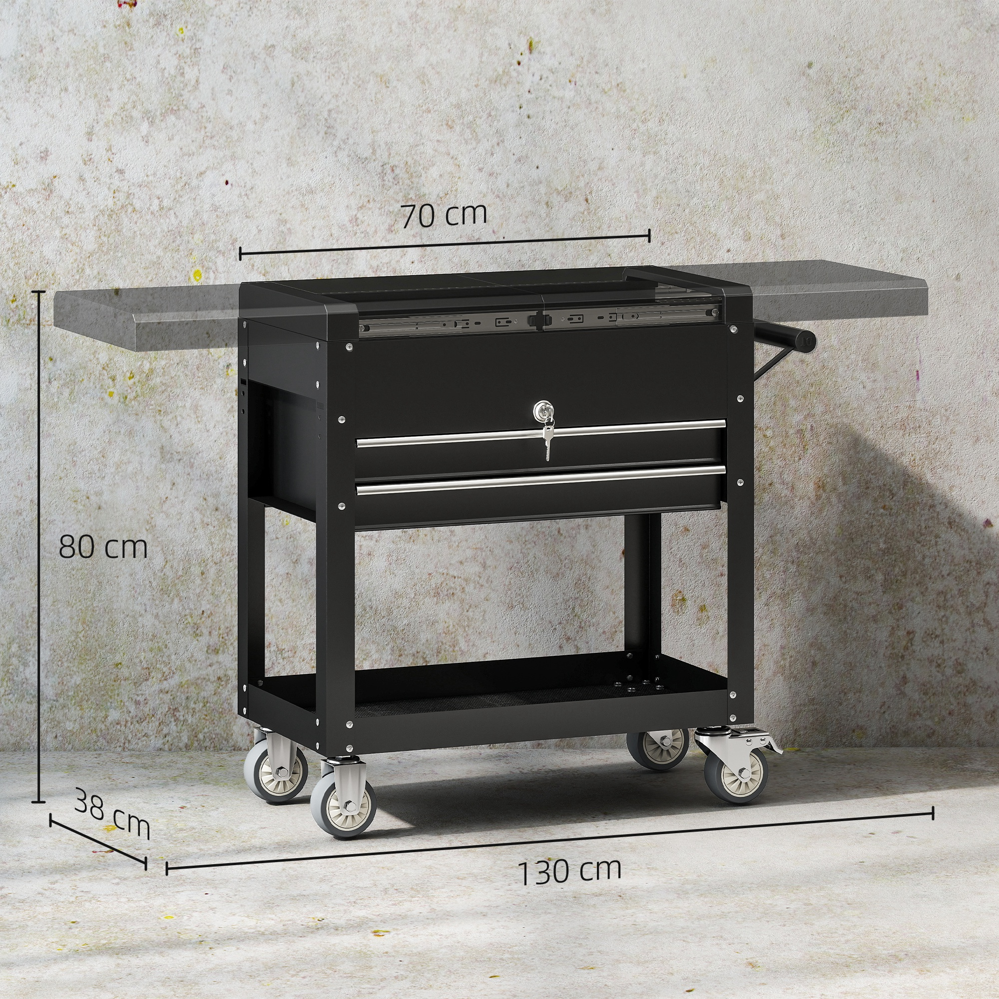 Carro de herramientas negro con cajones y ruedas. Dimensiones: 80x70x130 cm.