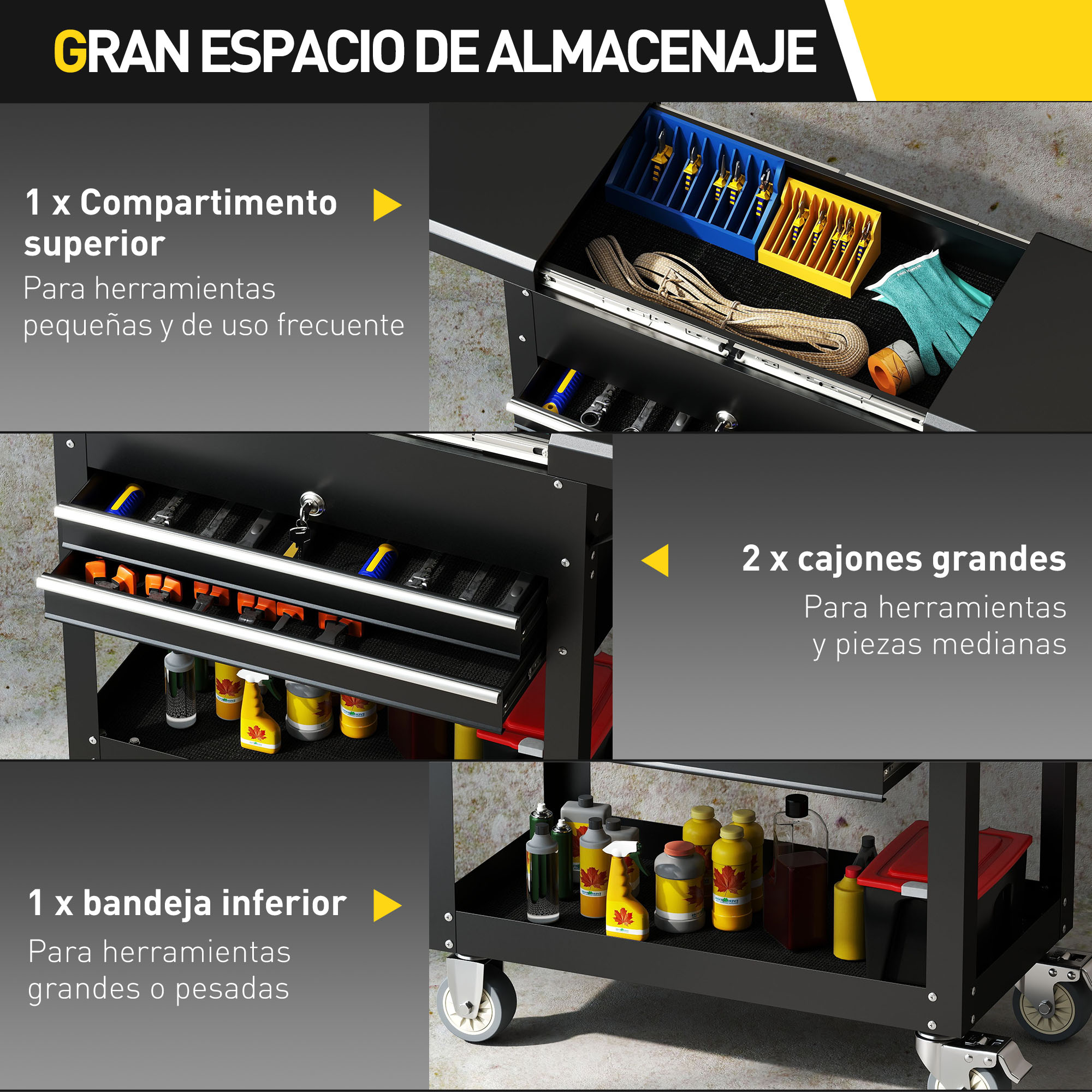 Carro de herramientas de tres niveles: compartimento superior, dos cajones, bandeja inferior.