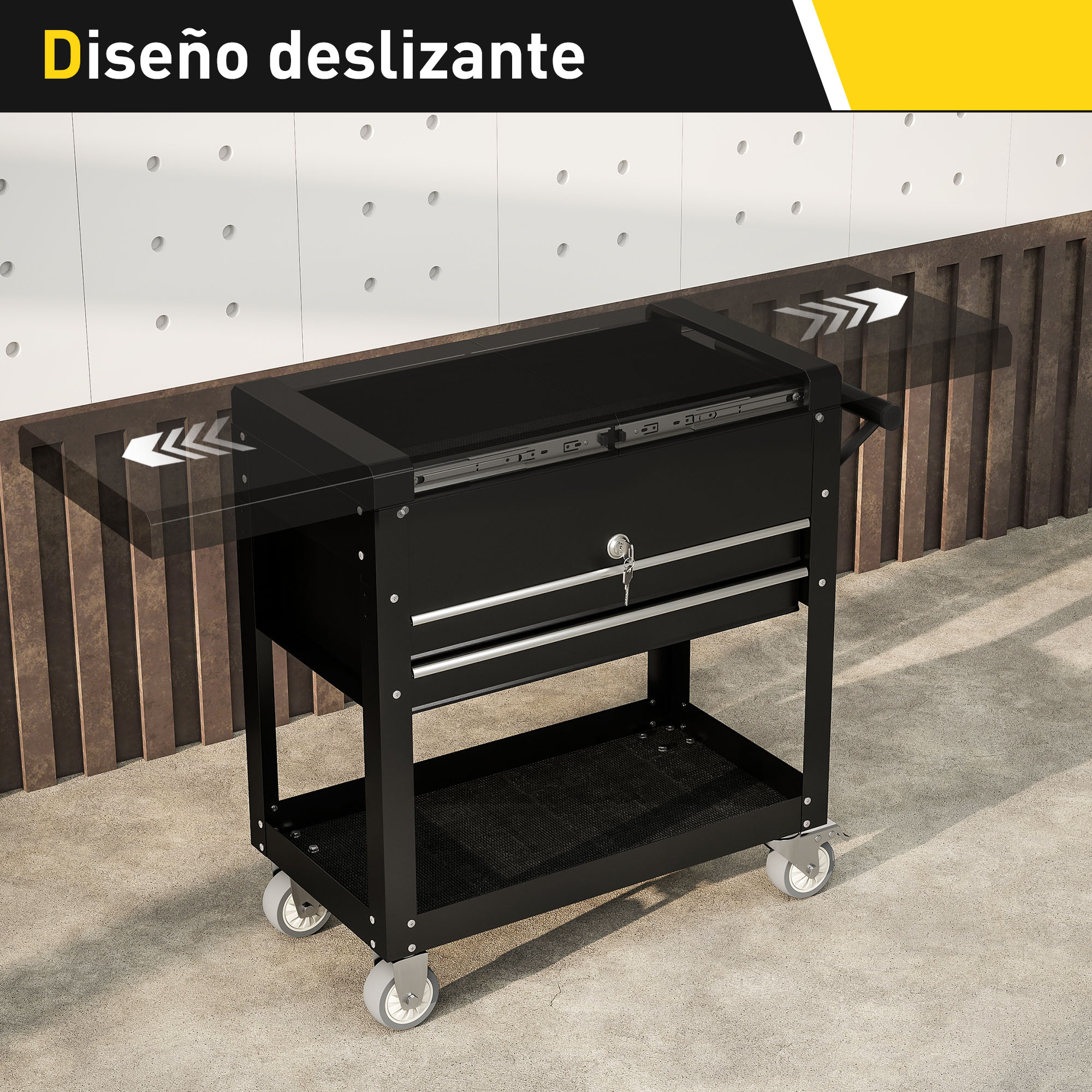 Carrito de herramientas negro con ruedas y cajones.