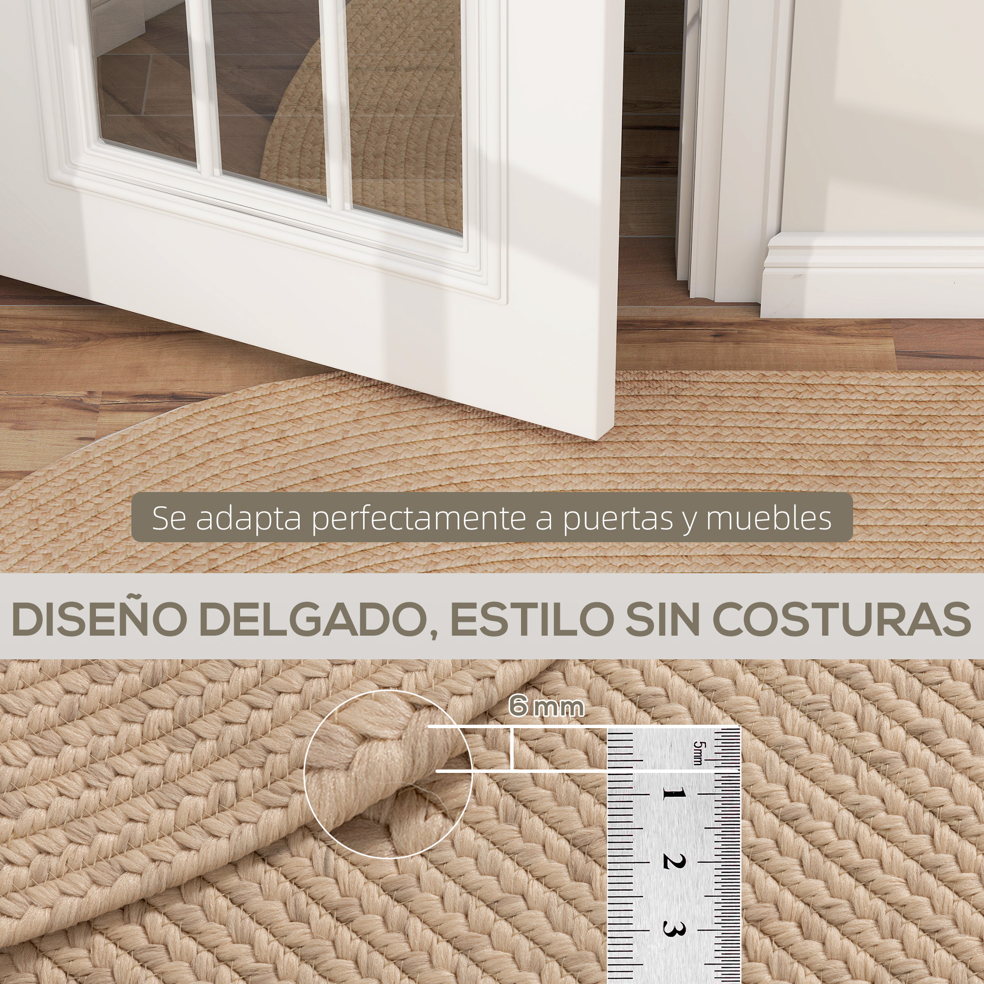 Una alfombra delgada y sin costuras de tejido trenzado sobre suelo de madera frente a una puerta blanca.
