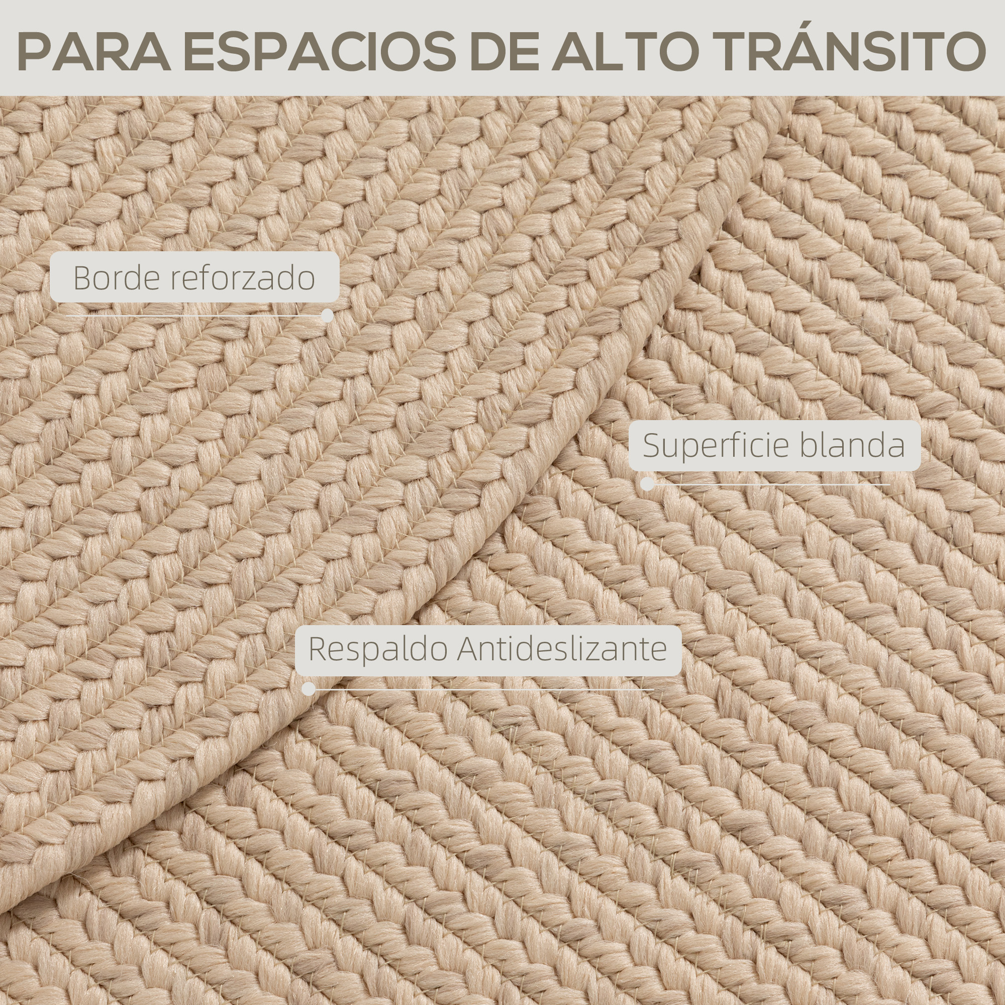 Alfombra beige con borde reforzado y respaldo antideslizante.
