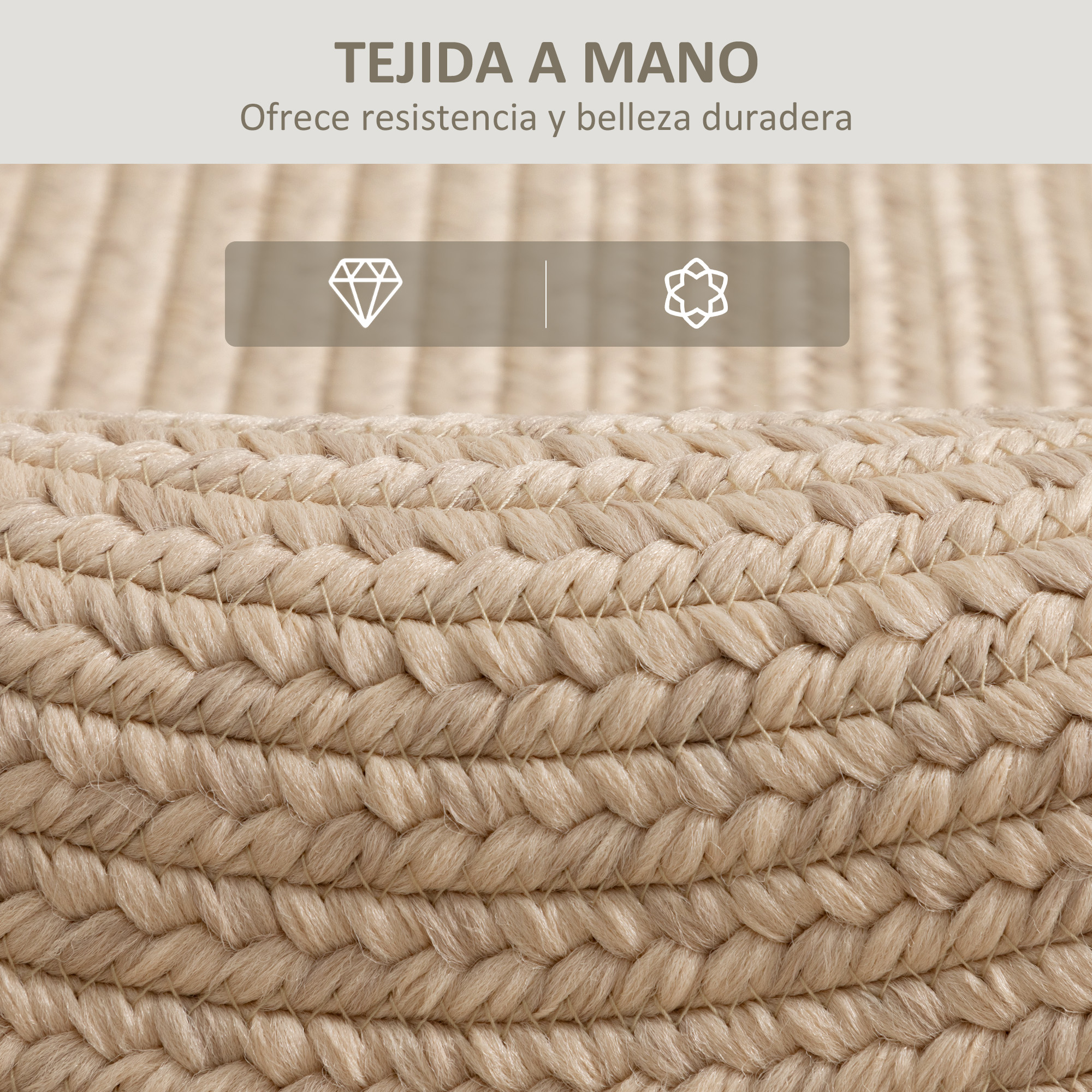 Primer plano de cuerda trenzada beige con costuras visibles.