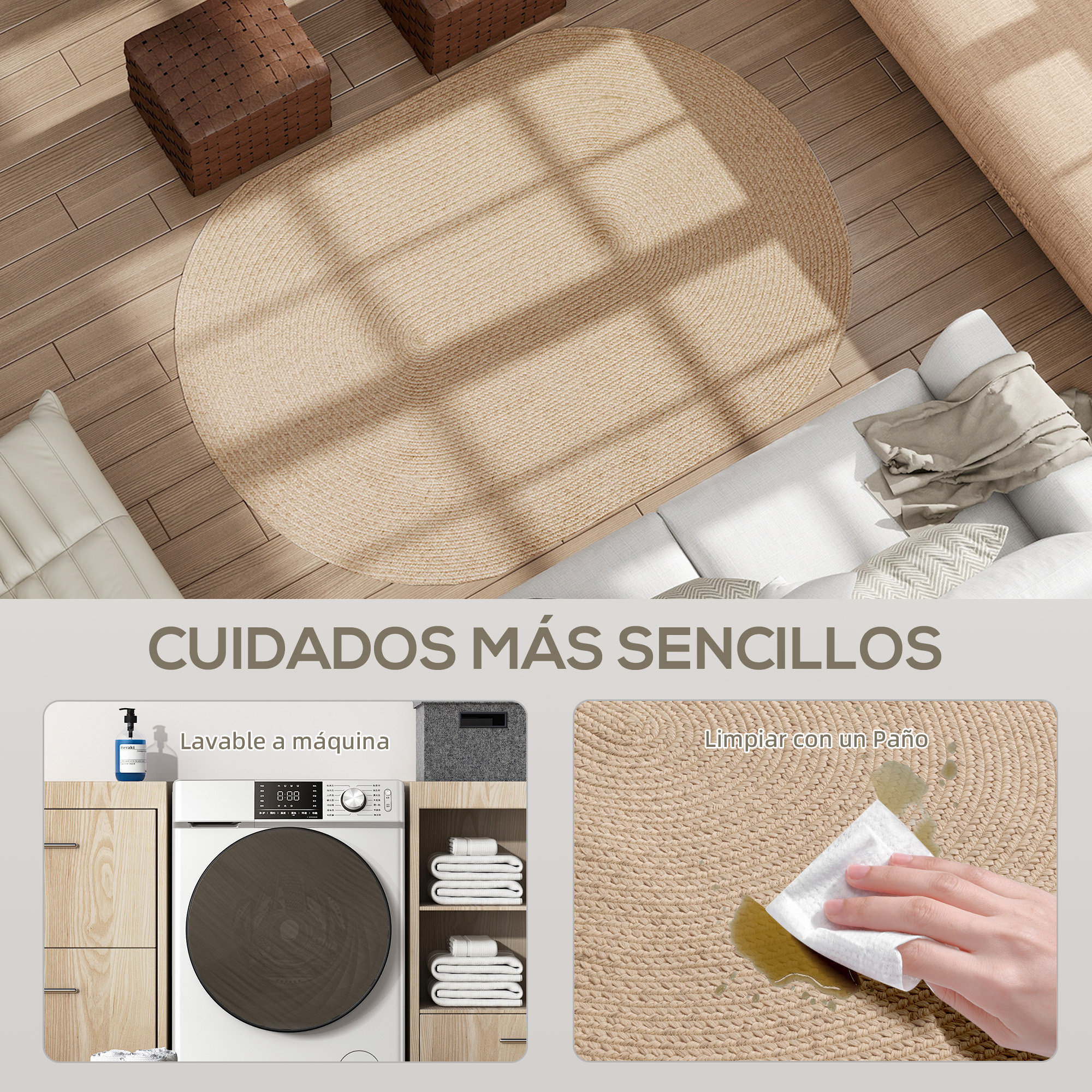 Una alfombra beige con sofá, lavadora y cesta.