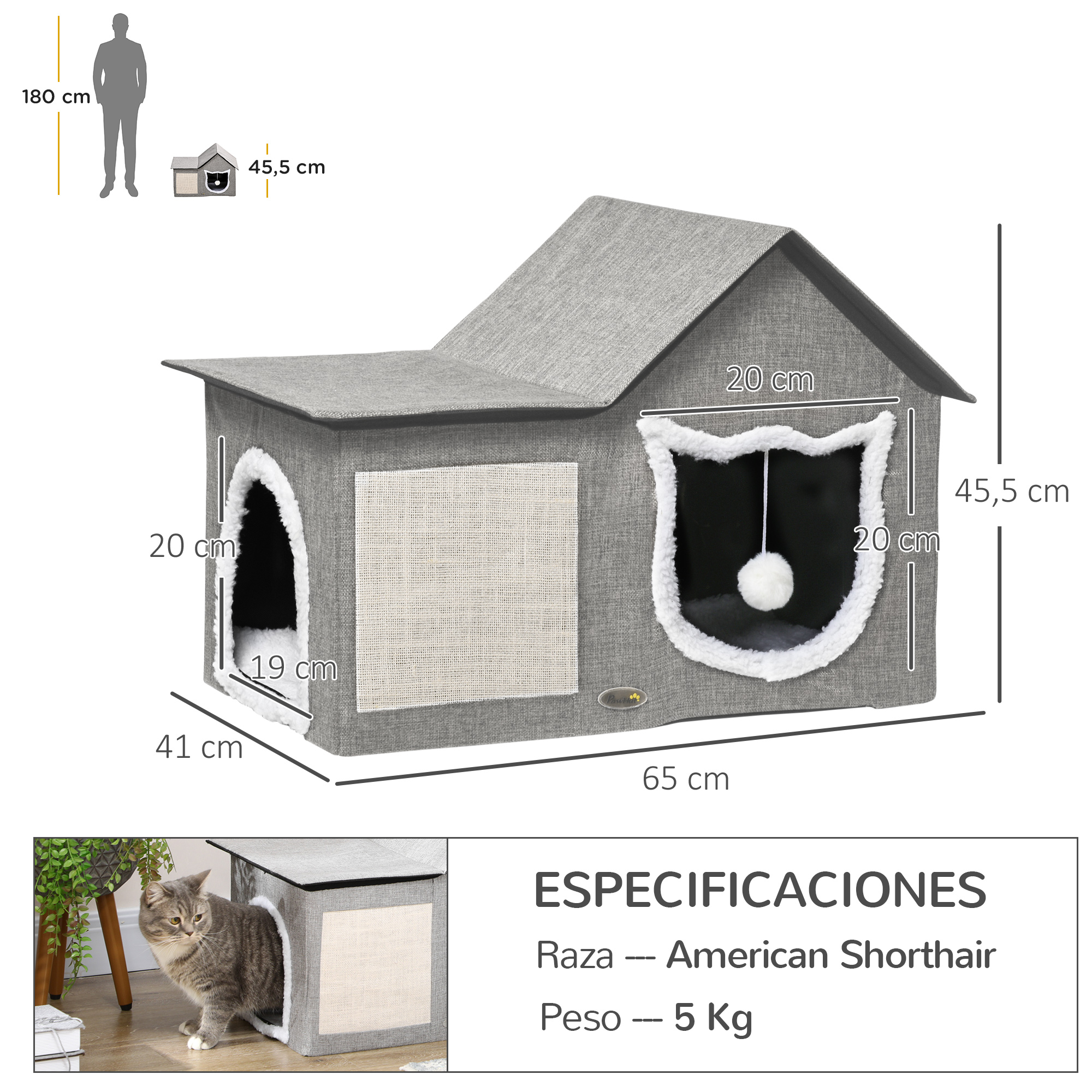 Casa gris para gatos con 2 entradas, juguete y dimensiones. Un gato delante.