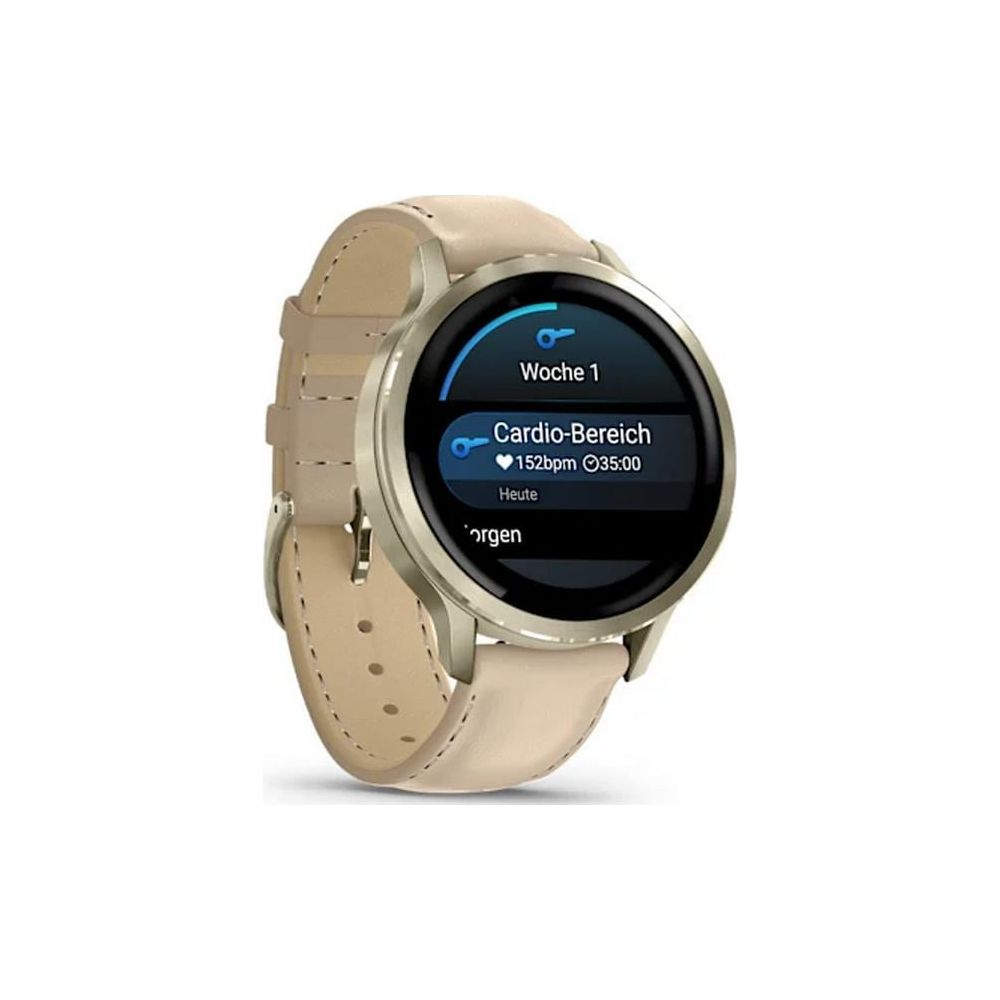 Eine goldene Smartwatch mit hellem Lederarmband zeigt 