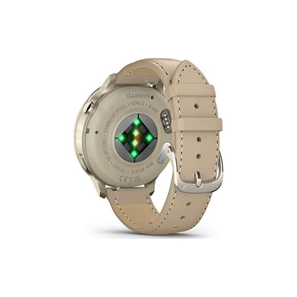Garmin Venu 4 Smartwatch mit beigem Lederarmband, Rückseite mit Herzfrequenzsensor.