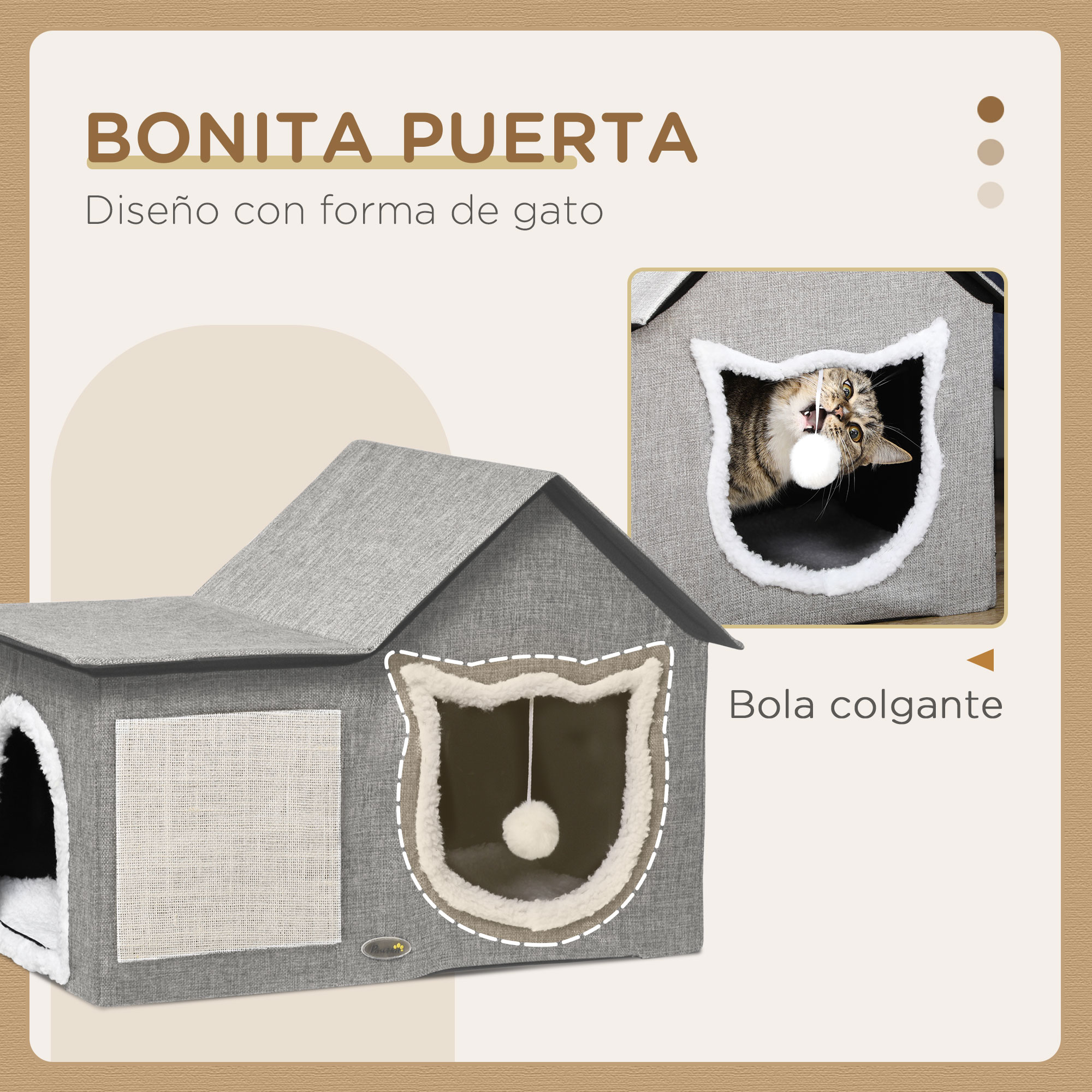 Casa de gato gris con bola para jugar y un gato dentro.