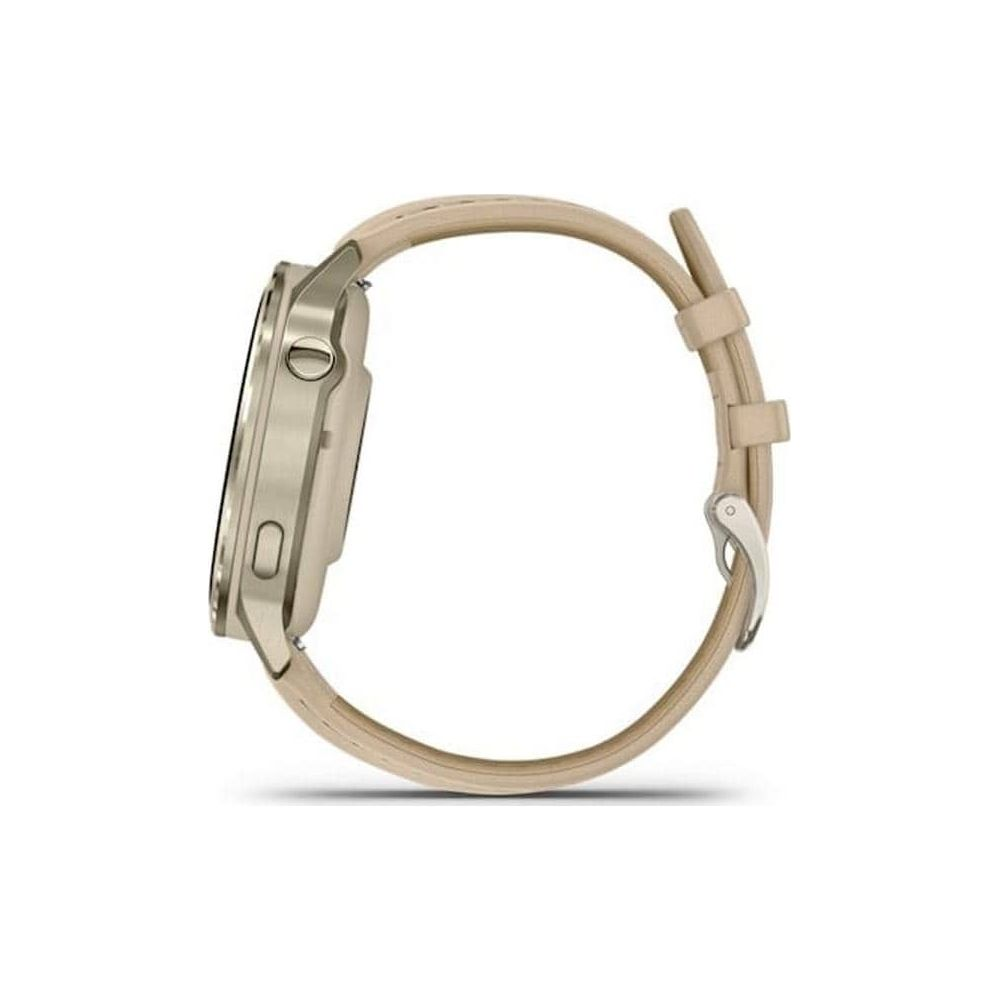Eine goldene Smartwatch mit hellem Lederarmband, von der Seite gesehen.