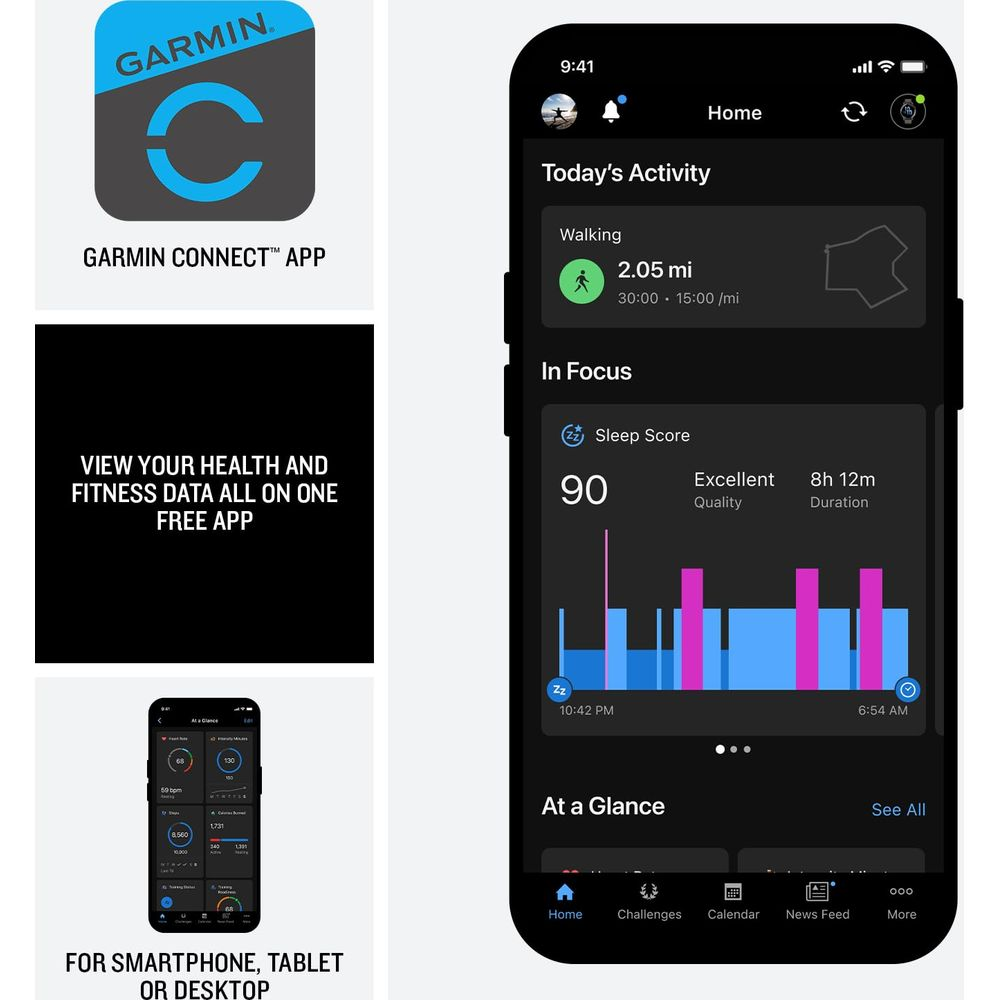 Garmin Connect App-Startbildschirm mit Aktivitäts- und Schlafdaten.