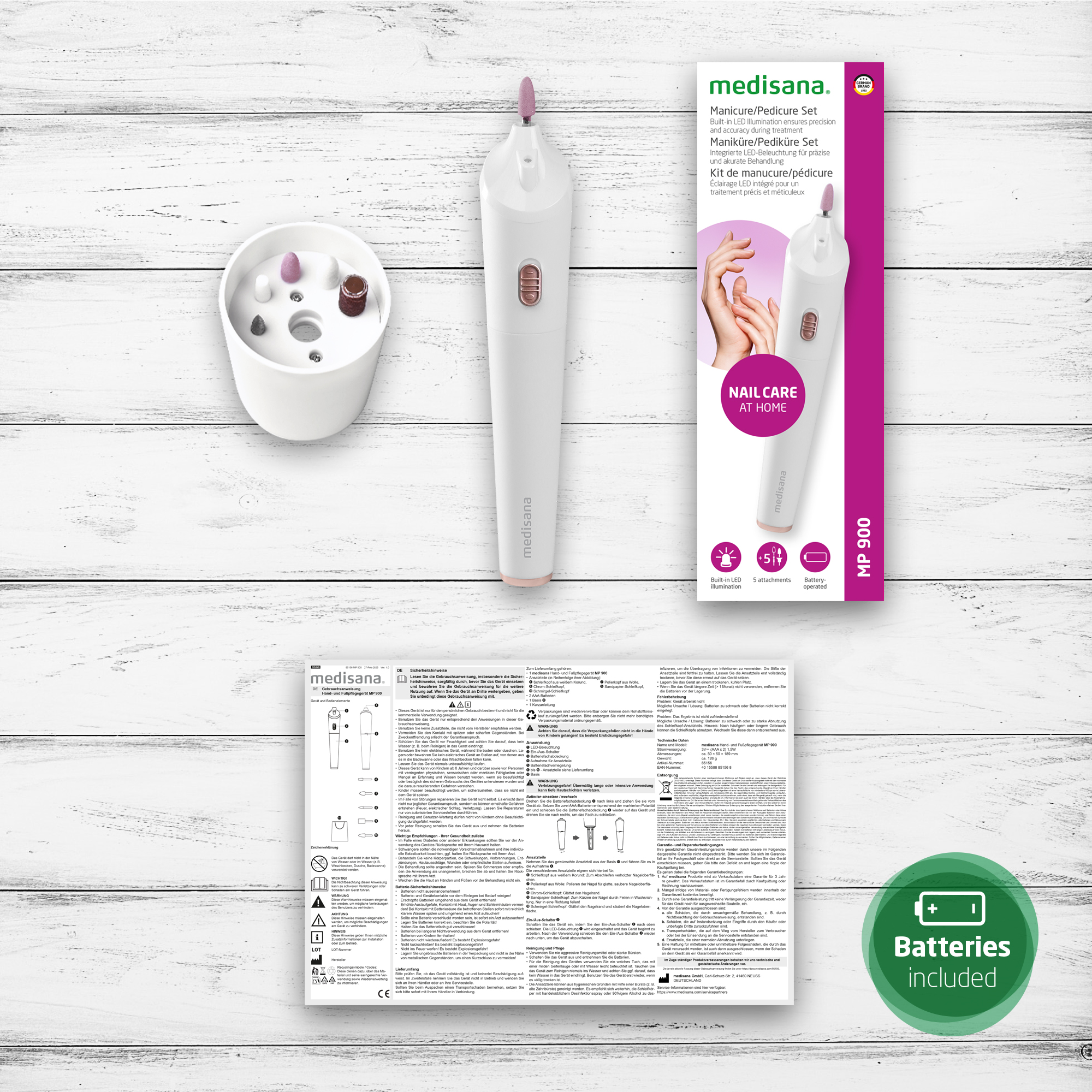 Medisana Maniküre/Pediküre Set MP 900 mit 5 Aufsätzen und LED-Licht, batteriebetrieben.