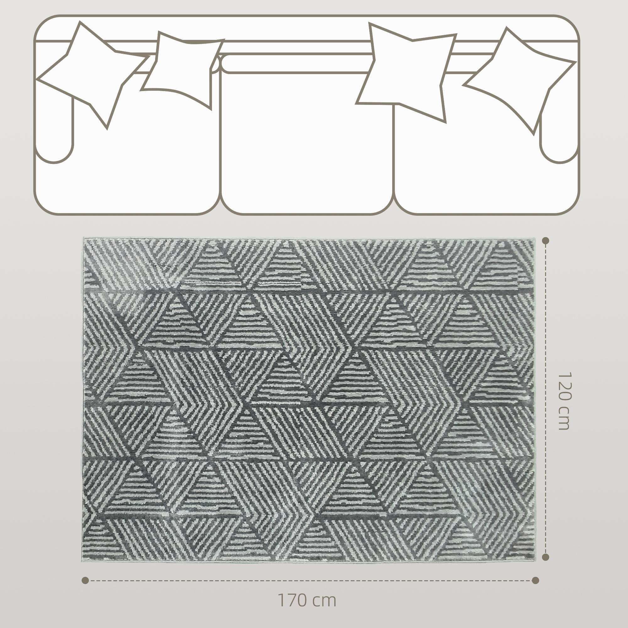 Debajo de un dibujo lineal de un sofá se muestra una alfombra de 170x120 cm con patrón geométrico gris.