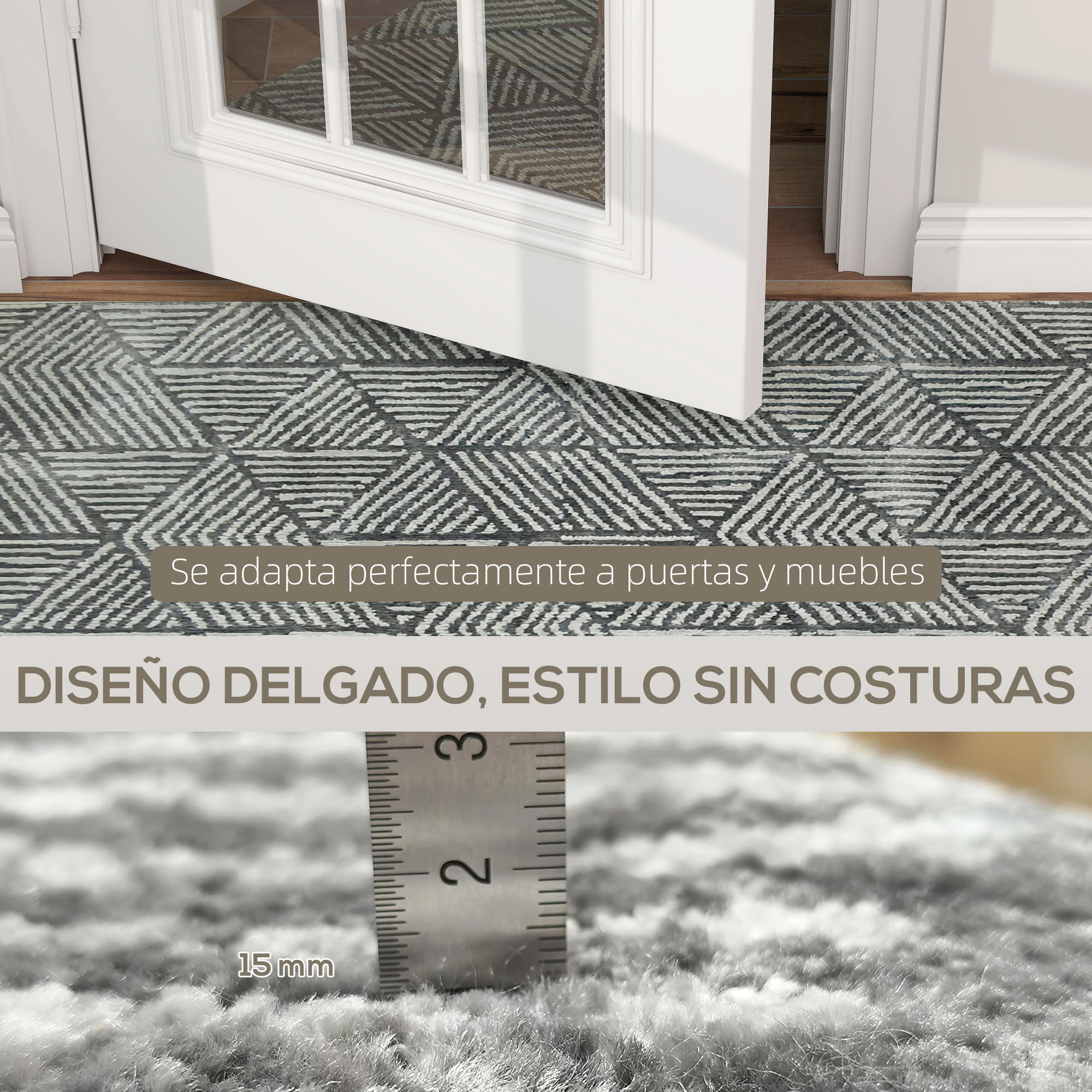 Alfombra gris bajo una puerta blanca abierta con diseño geométrico. Primer plano de medidor.