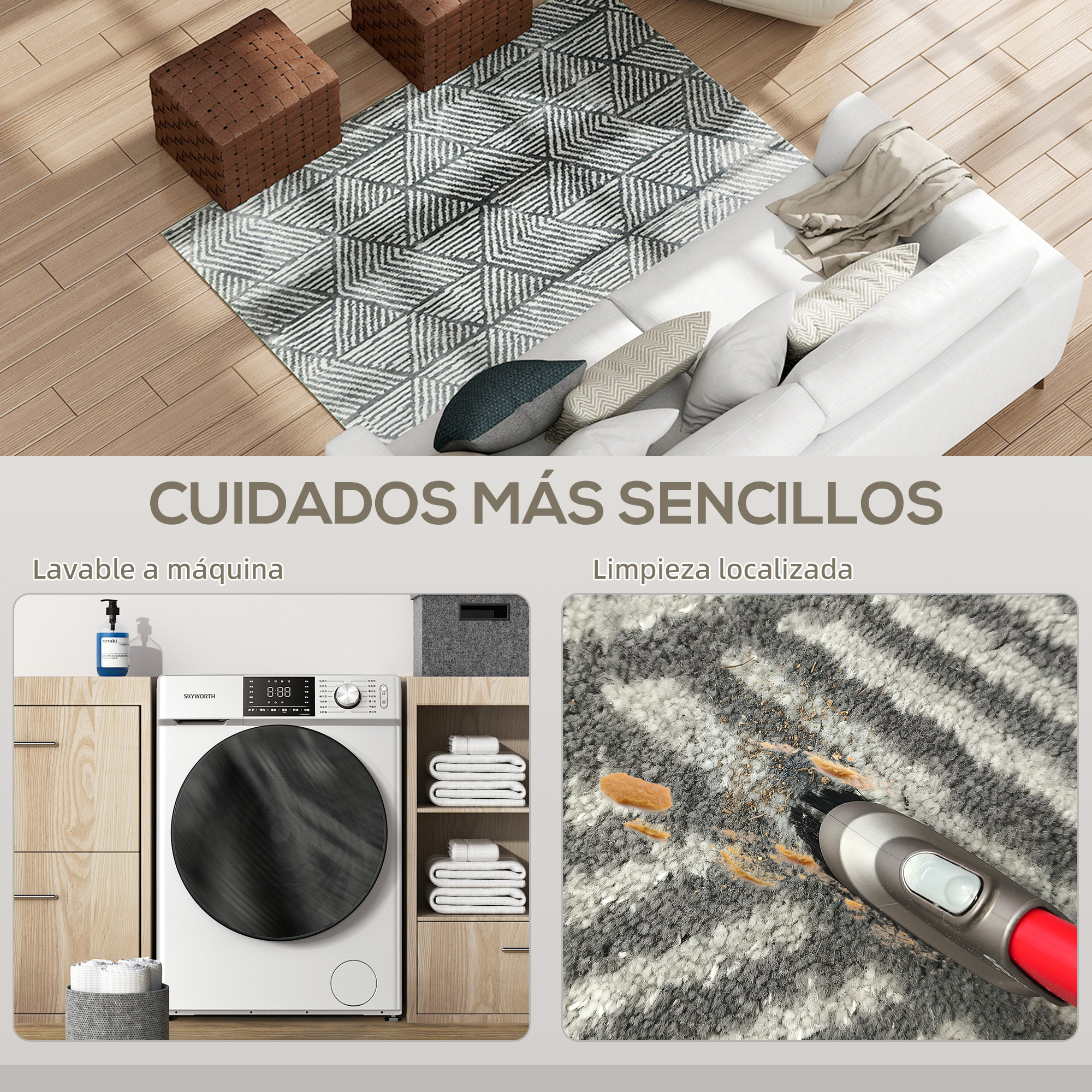 Sala con sofá, alfombra y lavadora, mostrando facilidad de cuidado.
